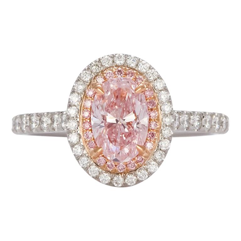 GIA Certified Natural Fancy Pink Oval Diamond Halo Ring 1.58 Carat