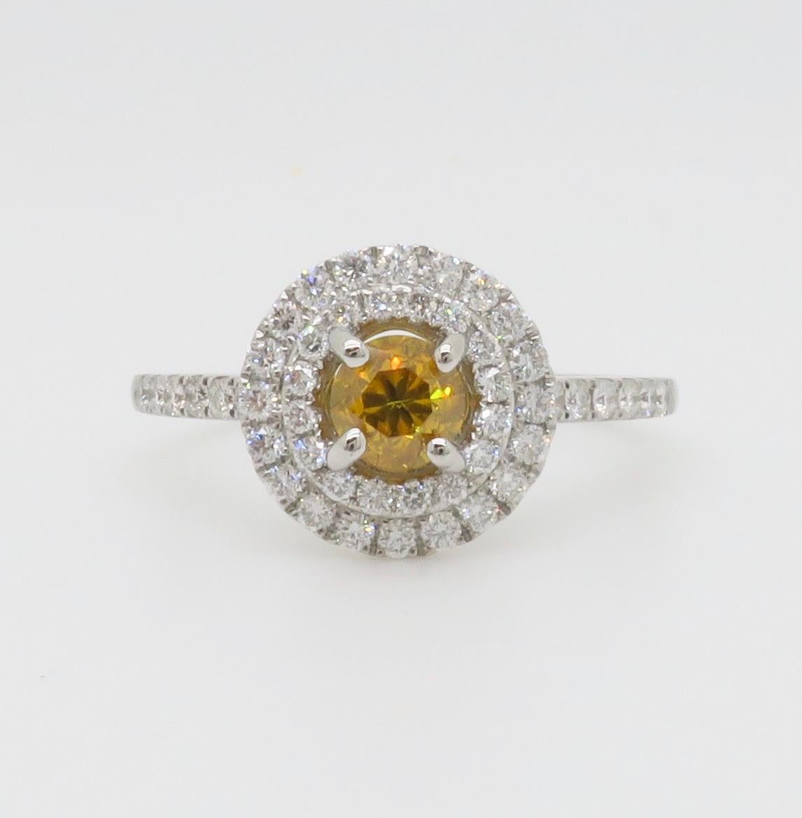 GIA Certified Natural Fancy Vivid Yellow-Orange Double Halo Diamond Ring in 18k  For Sale 5