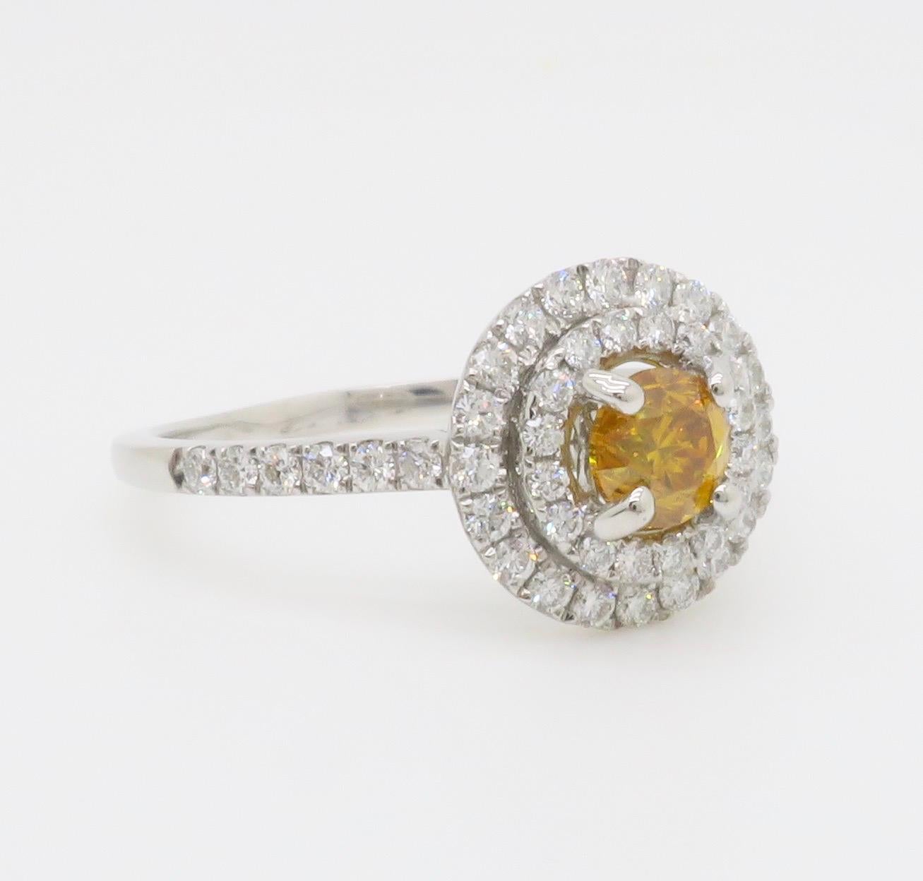 GIA Certified Natural Fancy Vivid Yellow-Orange Double Halo Diamond Ring in 18k  For Sale 9