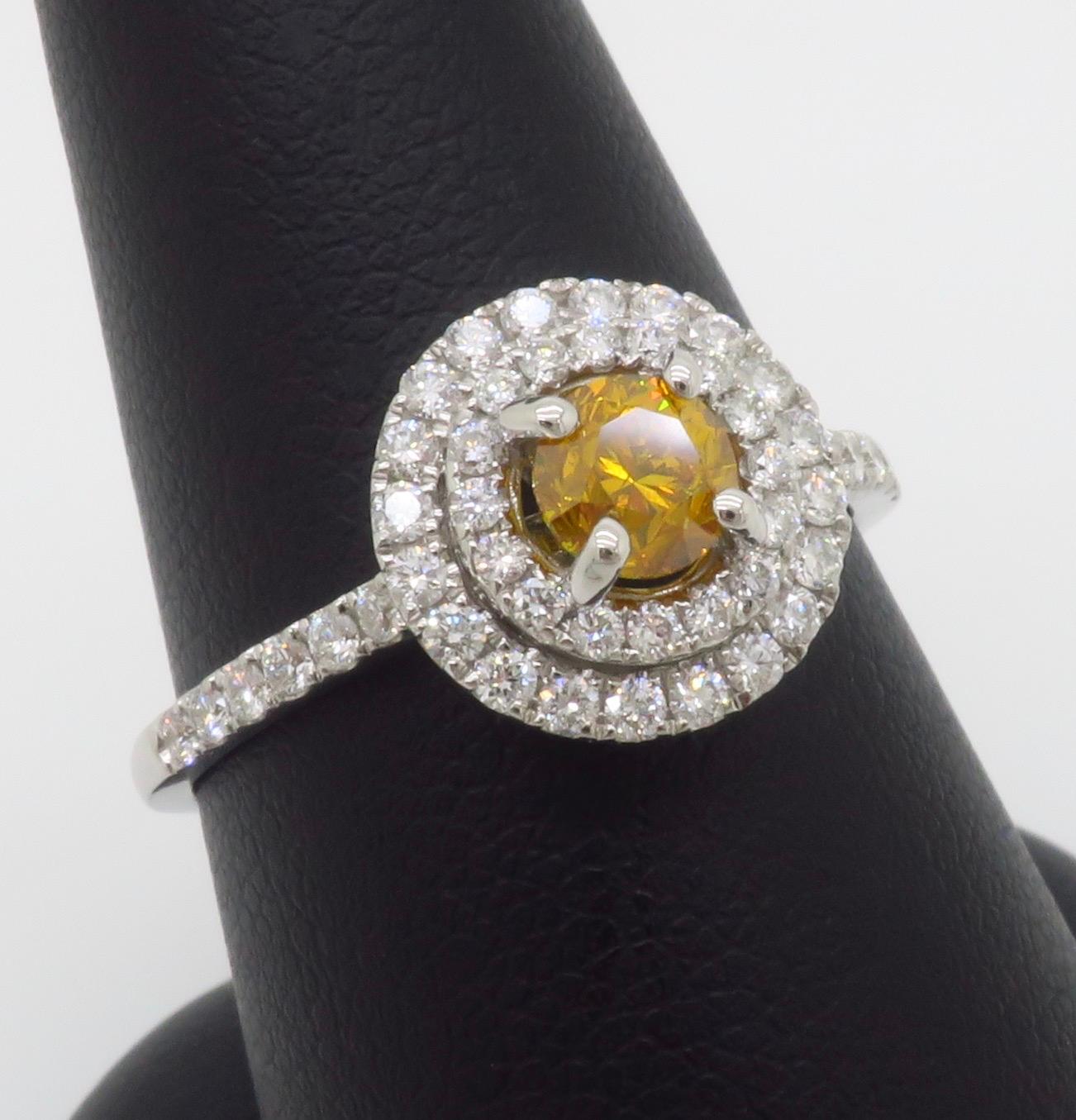GIA Certified Natural Fancy Vivid Yellow-Orange Double Halo Diamond Ring in 18k  For Sale 14