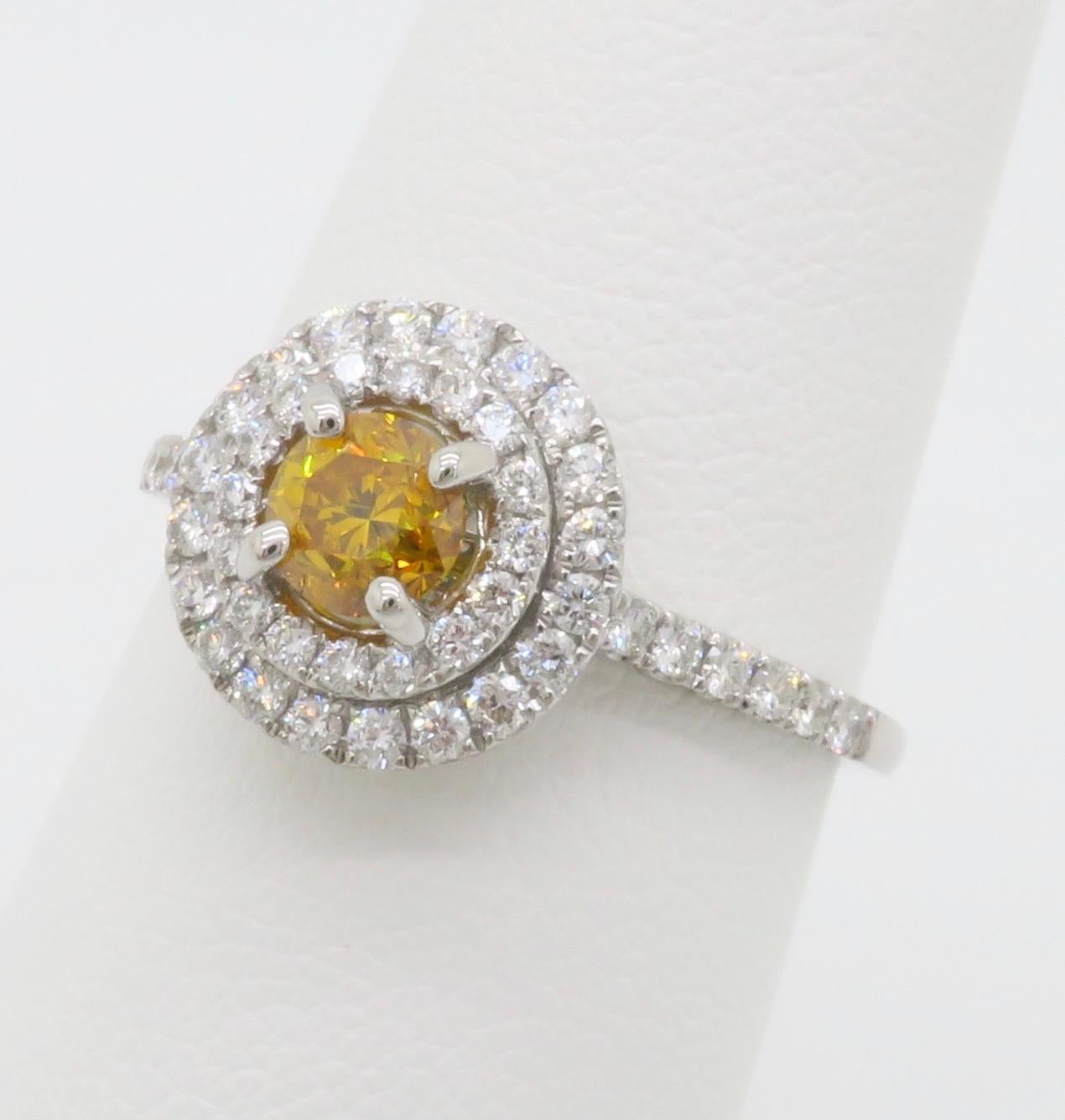 Round Cut GIA Certified Natural Fancy Vivid Yellow-Orange Double Halo Diamond Ring in 18k  For Sale