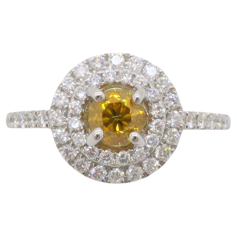 GIA Certified Natural Fancy Vivid Yellow-Orange Double Halo Diamond Ring in 18k  For Sale