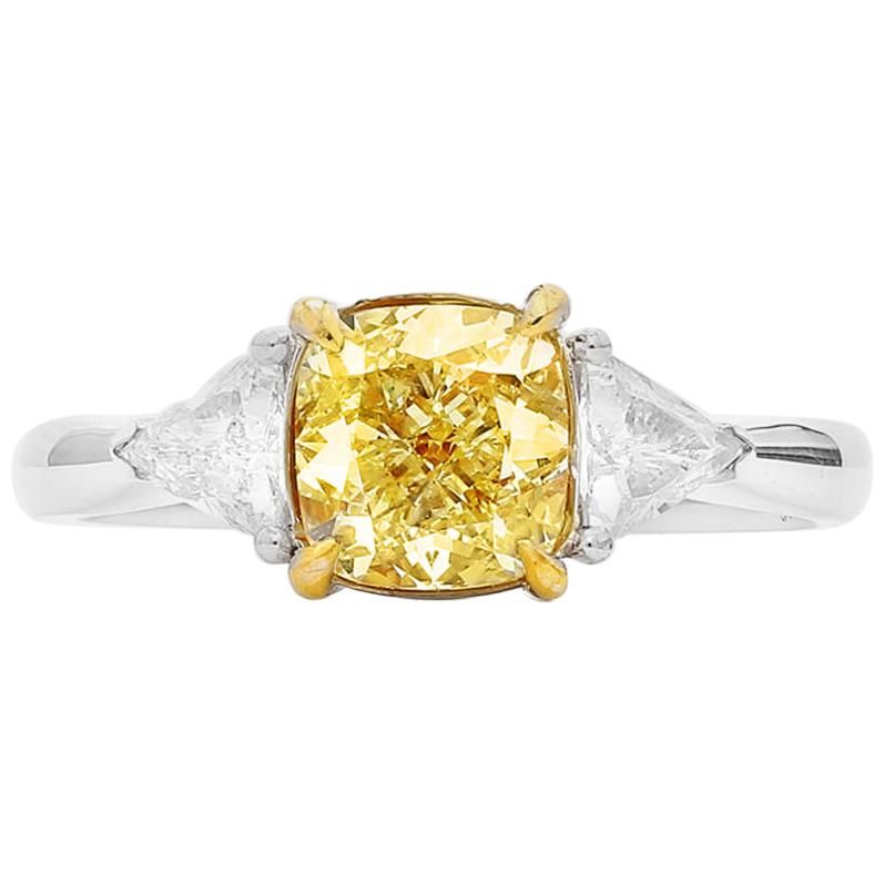 GIA Certified Natural Fancy Yellow 1.76 Carat Diamond 18 Karat White Gold Ring For Sale