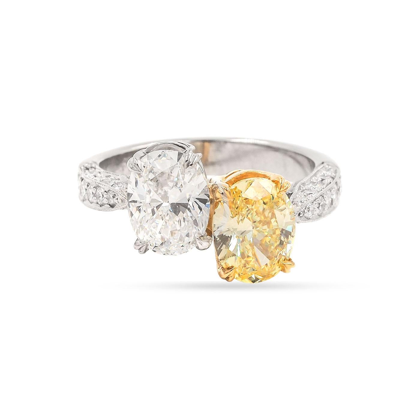 GIA Certified Natural Fancy Yellow and White Diamond "Toi et Moi" Crossover Ring