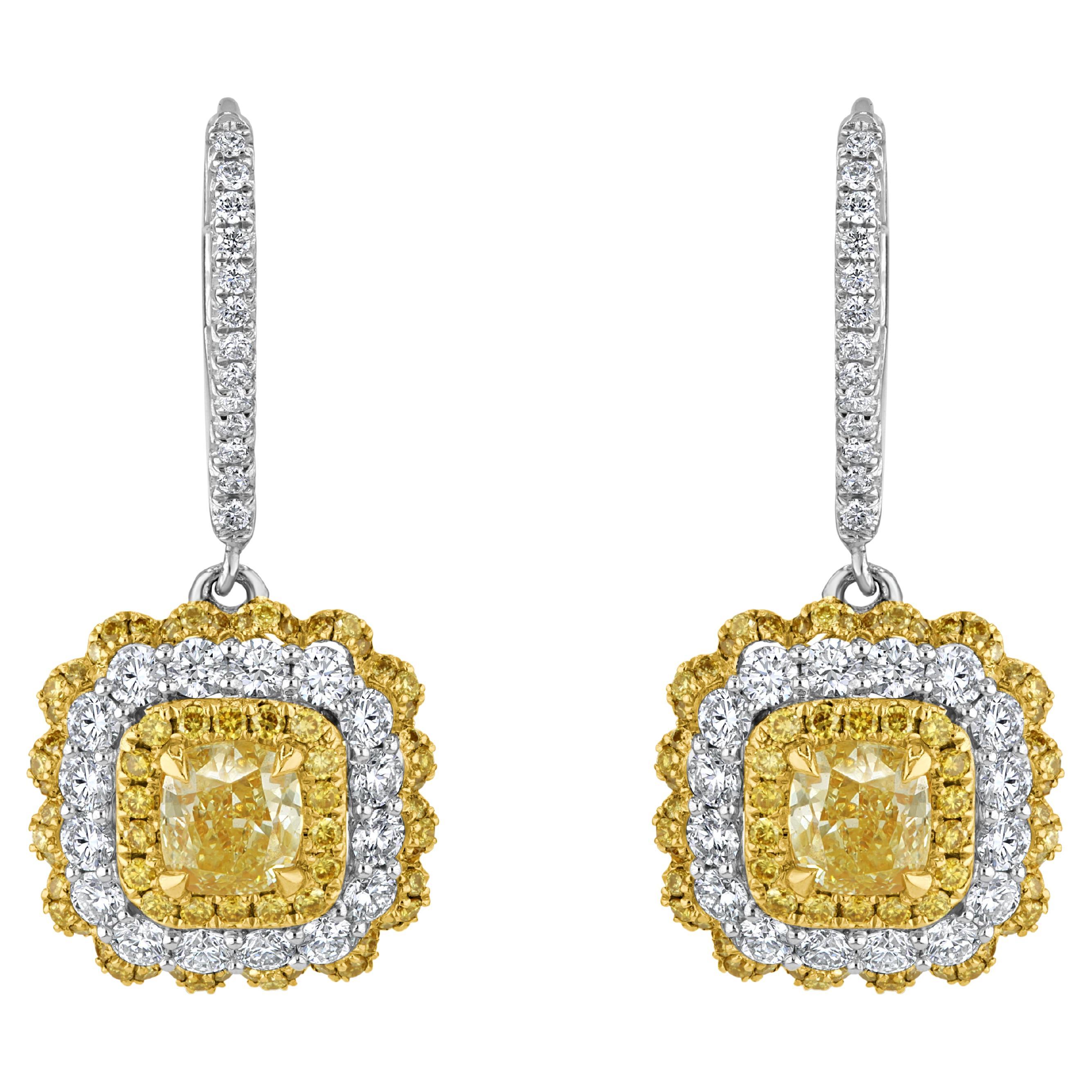 GIA Cert Natural Fancy Yellow Cushion Diamond Halo Leverback Earrings ref1164 For Sale