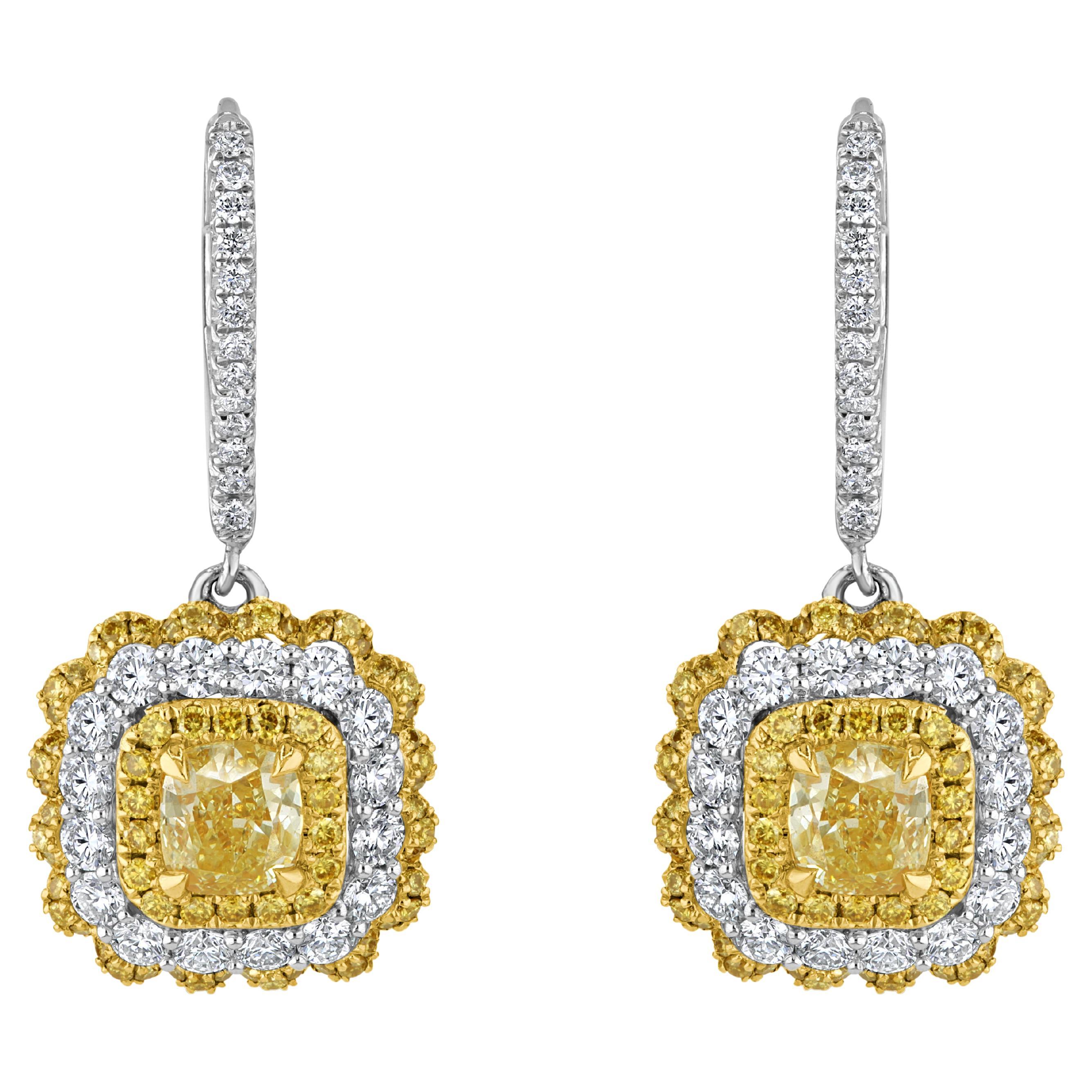 GIA Cert Natural Fancy Yellow Cushion Diamond Halo Leverback Earrings ref1164 For Sale