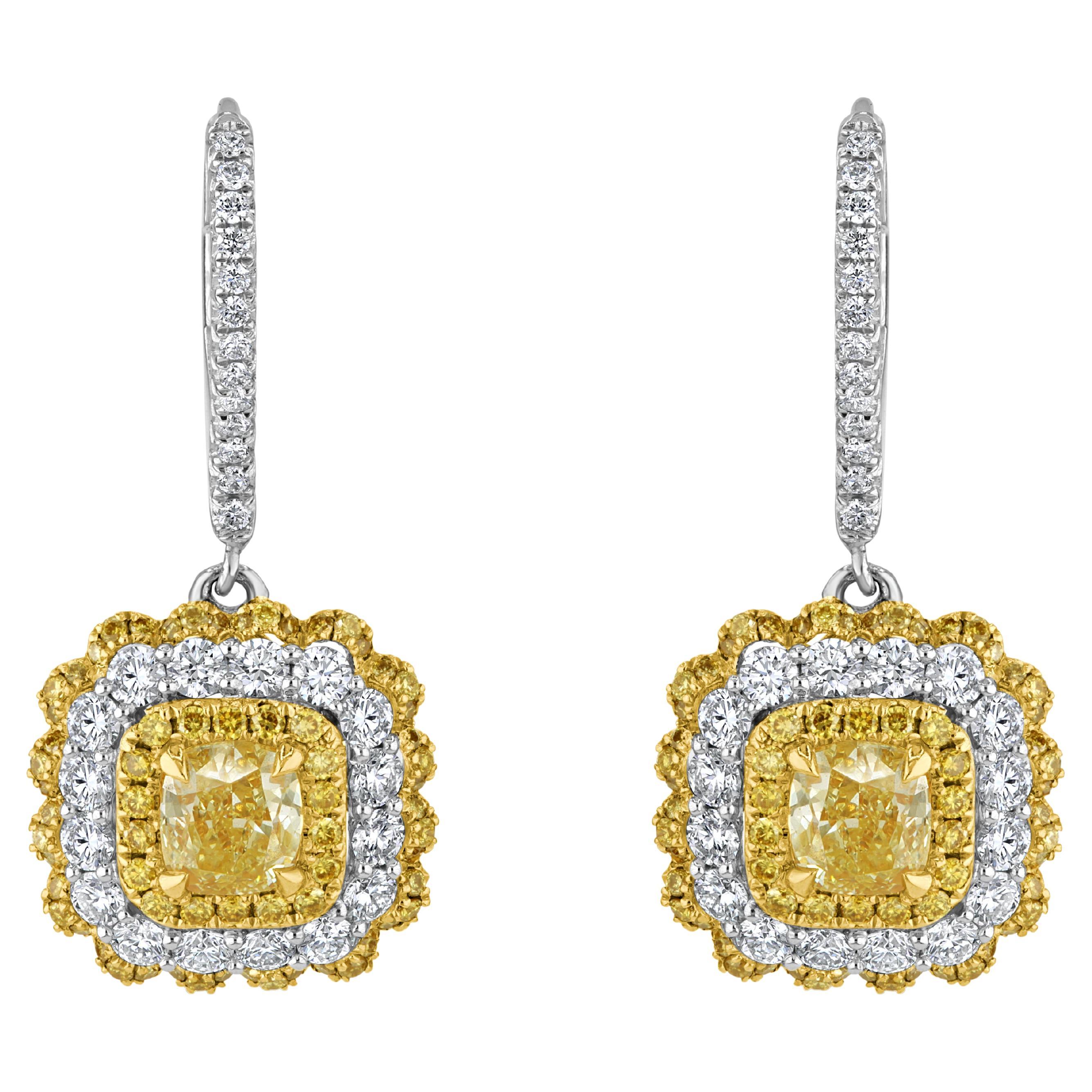 GIA Cert Natural Fancy Yellow Cushion Diamond Halo Leverback Earrings ref1164