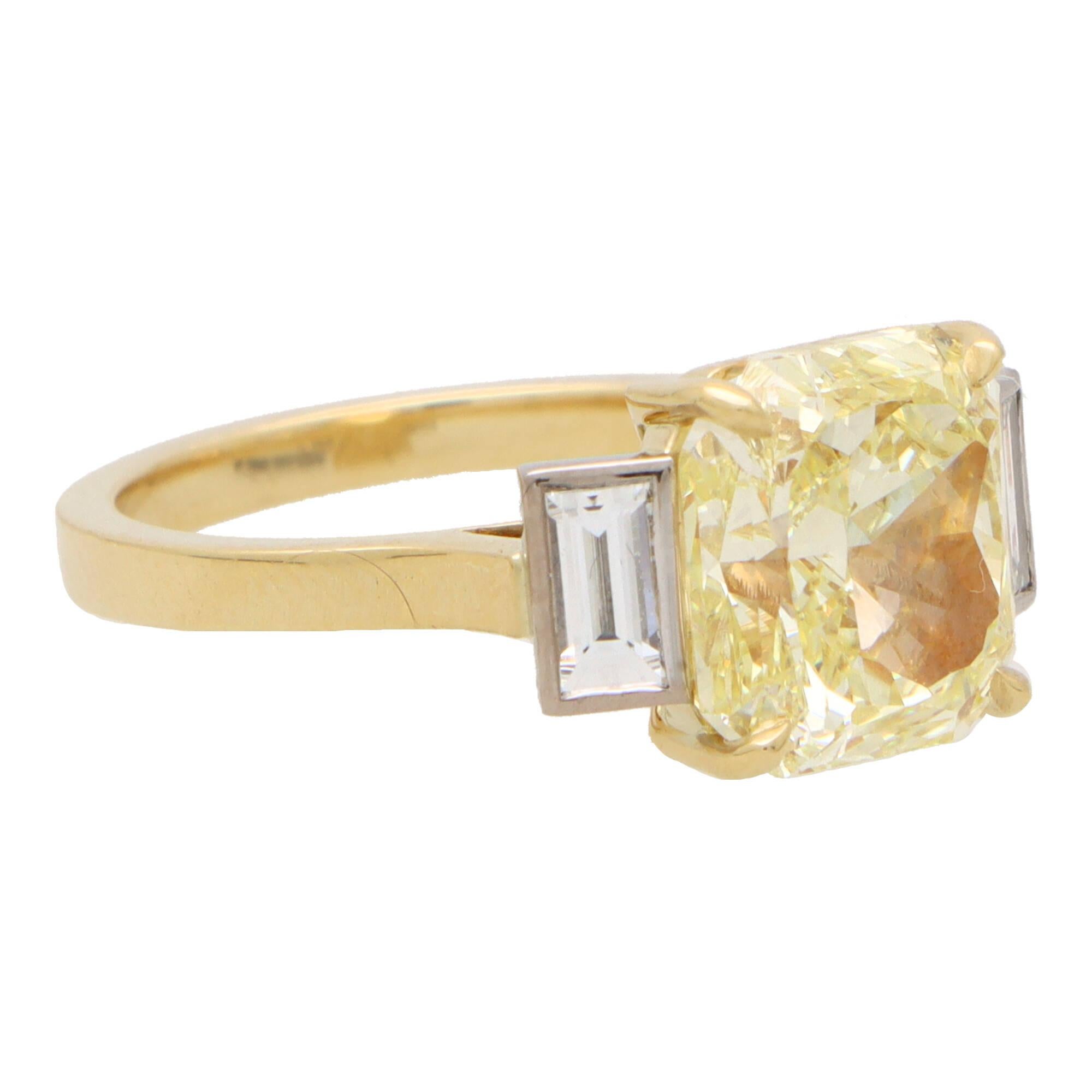 Modern GIA Certified Natural Fancy Yellow Radiant Cut Diamond Ring in Gold and Platinum For Sale