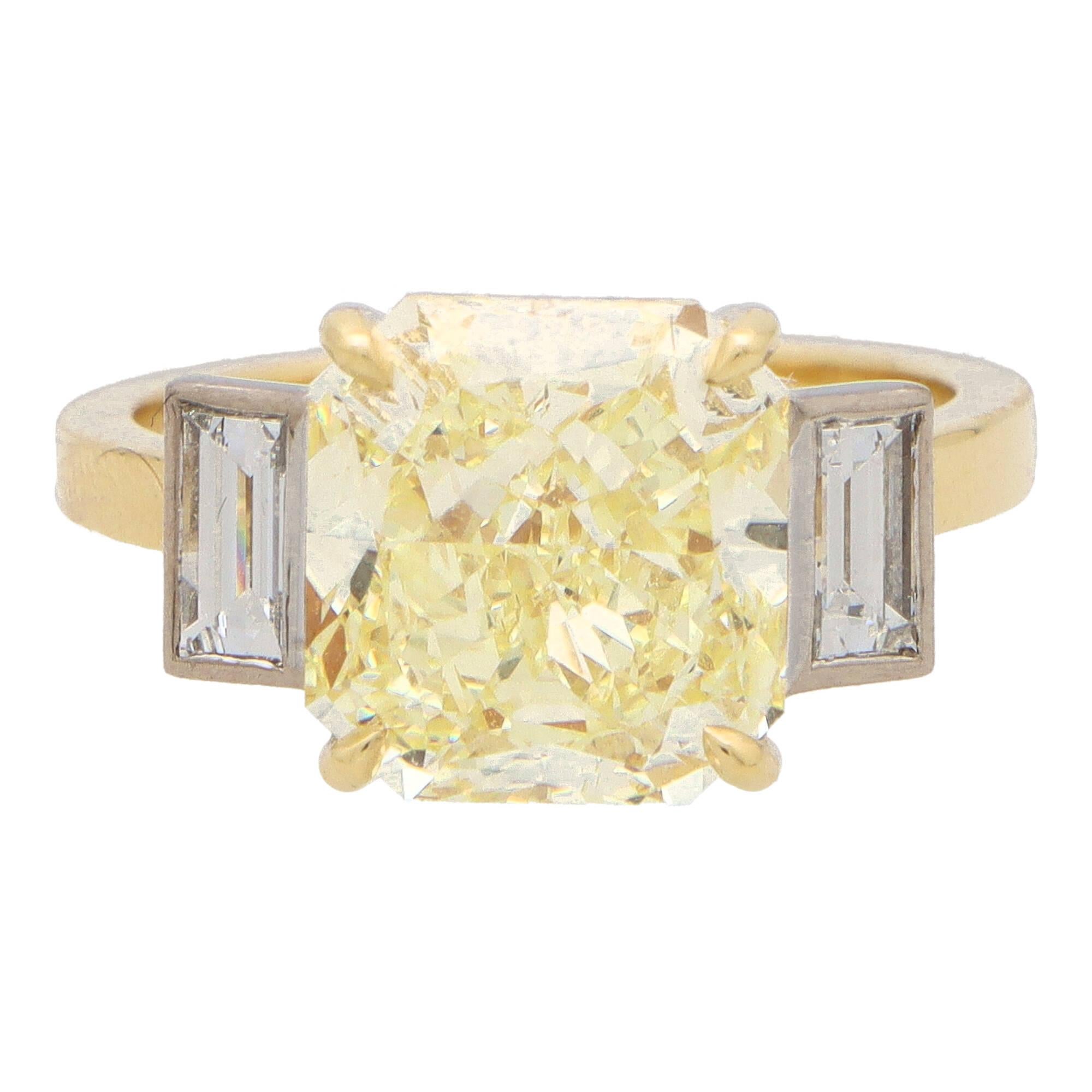 Cushion Cut GIA Certified Natural Fancy Yellow Radiant Cut Diamond Ring in Gold and Platinum For Sale