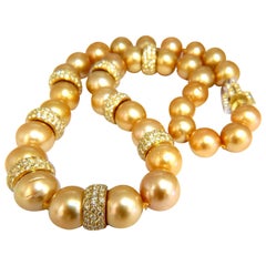 GIA Certified Natural Golden Pearls Necklace 18 Karat Fancy Yellow Diamonds