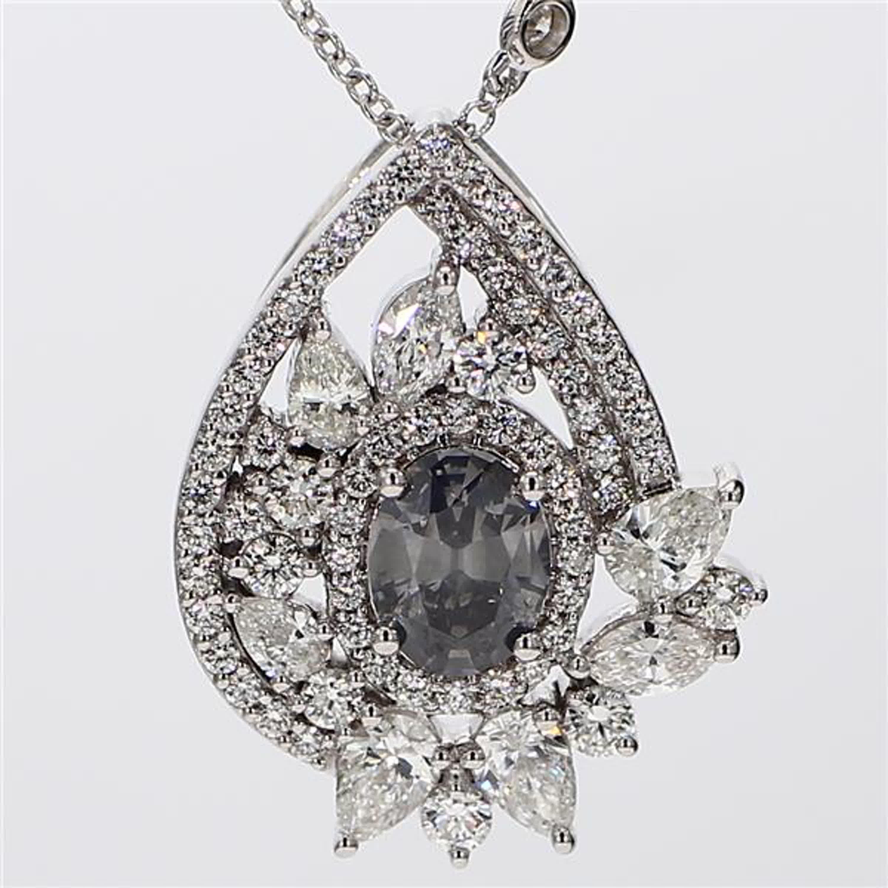 RareGemWorld's classic diamond pendant. Mounted in a beautiful 18K White Gold setting with a natural oval cut gray diamond. The yellow diamond is surrounded by natural pear cut white diamonds, natural marquise cut white diamonds, and natural round
