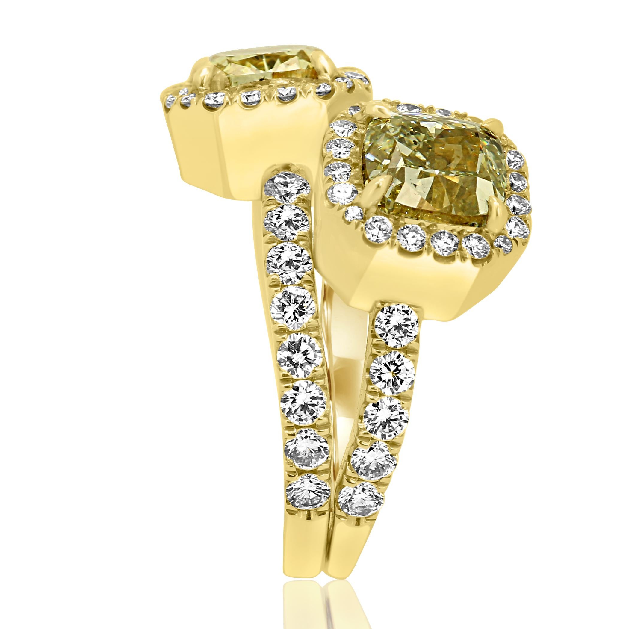 GIA Certified Natural Green and Yellow Diamond Twotone Gold Halo Toi Et Moi Ring 5