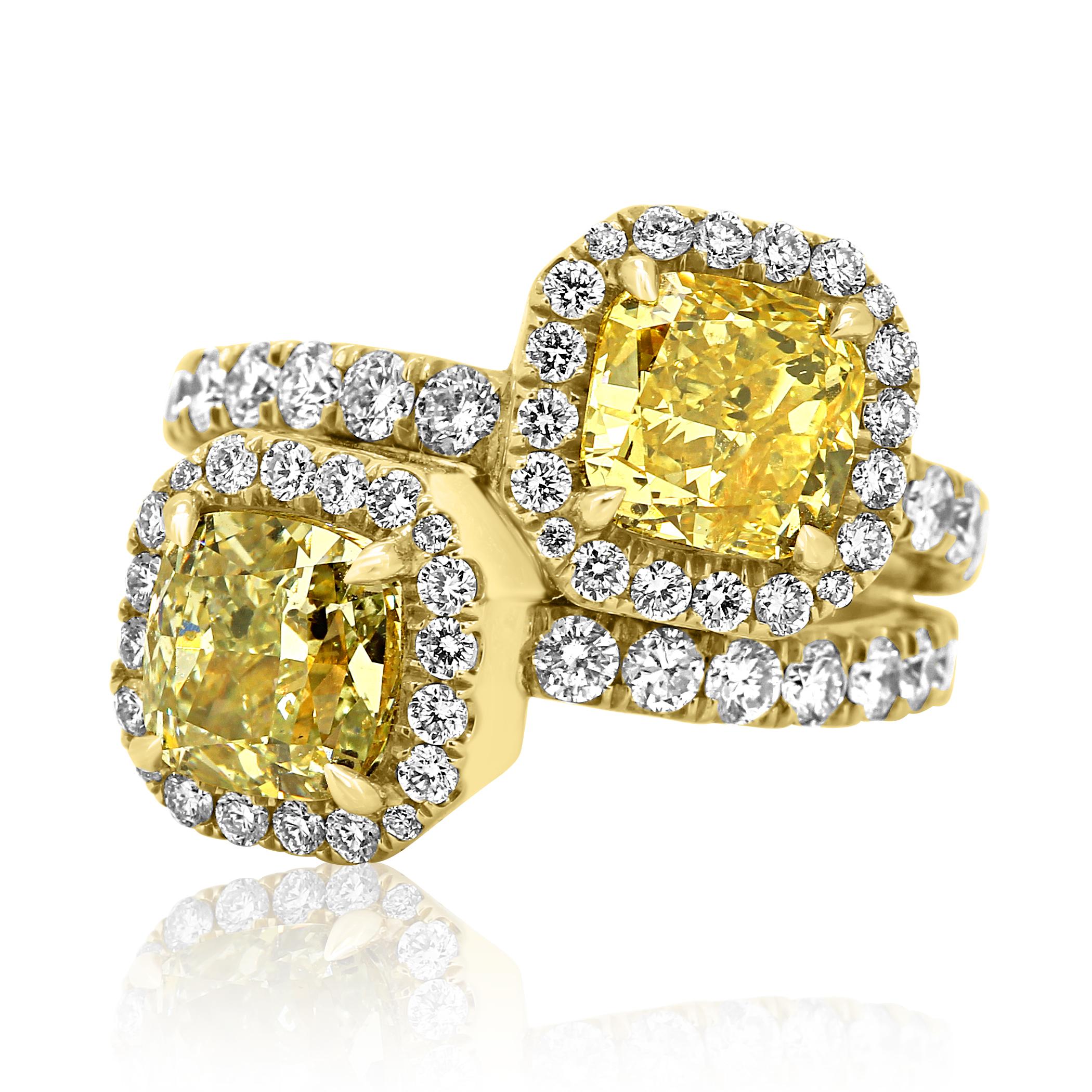 Cushion Cut GIA Certified Natural Green and Yellow Diamond Twotone Gold Halo Toi Et Moi Ring