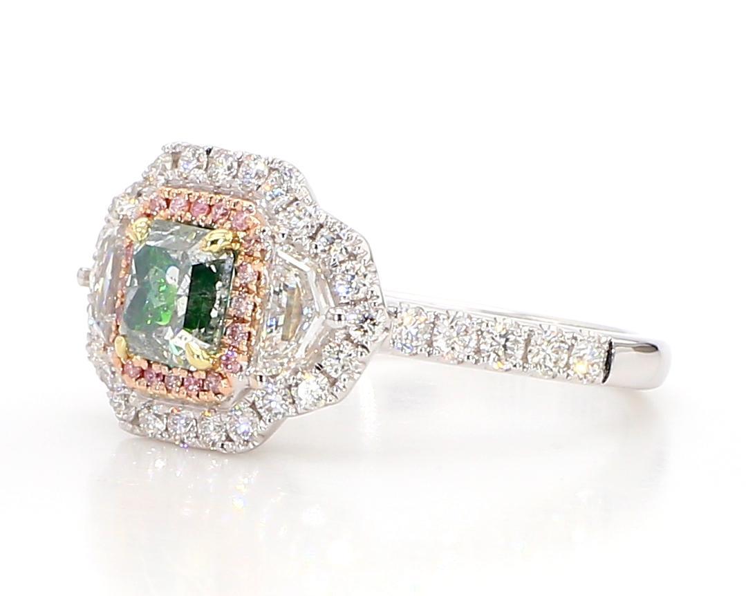 Contemporary GIA Certified Natural Green Asscher Diamond 1.80 Carat TW Gold Cocktail Ring For Sale