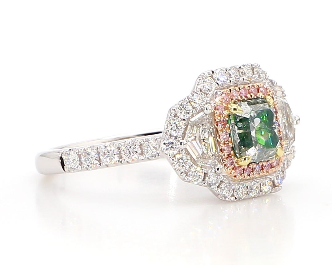 GIA Certified Natural Green Asscher Diamond 1.80 Carat TW Gold Cocktail Ring For Sale 3