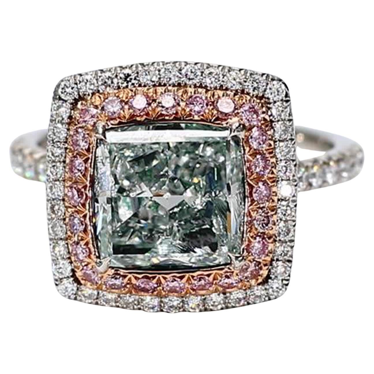GIA Certified Natural Green Cushion and White Diamond 2.87 Carat TW Gold Ring