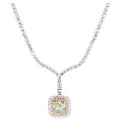 GIA Certified Natural Green Cushion Diamond 7.28 Carat TW Gold Drop Necklace