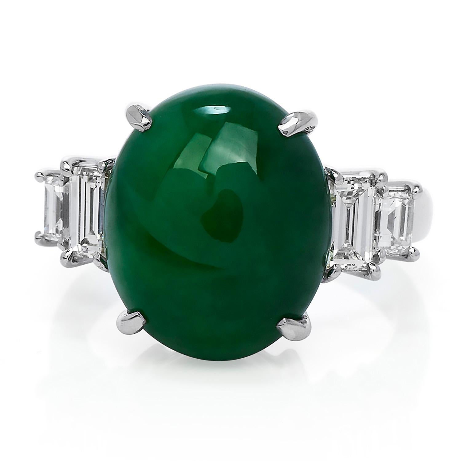 This exotic Diamond & Green Jade ring was inspired in a 

simple and elegant clean look and crafted in solid platinum.

Prominently centered is an oval-shaped GIA certified natural green Jade measuring 

appx. 14.15 x 11.79 x 5.98mm,