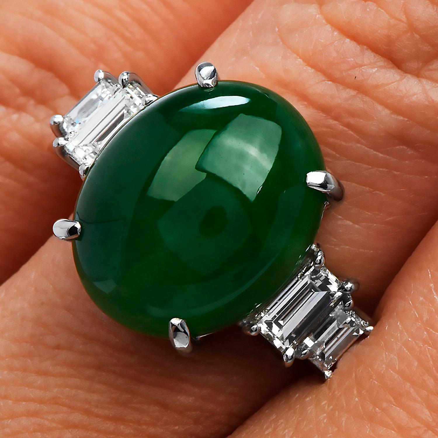 GIA Certified Natural Green Jade Diamond Platinum Cocktail Ring 1