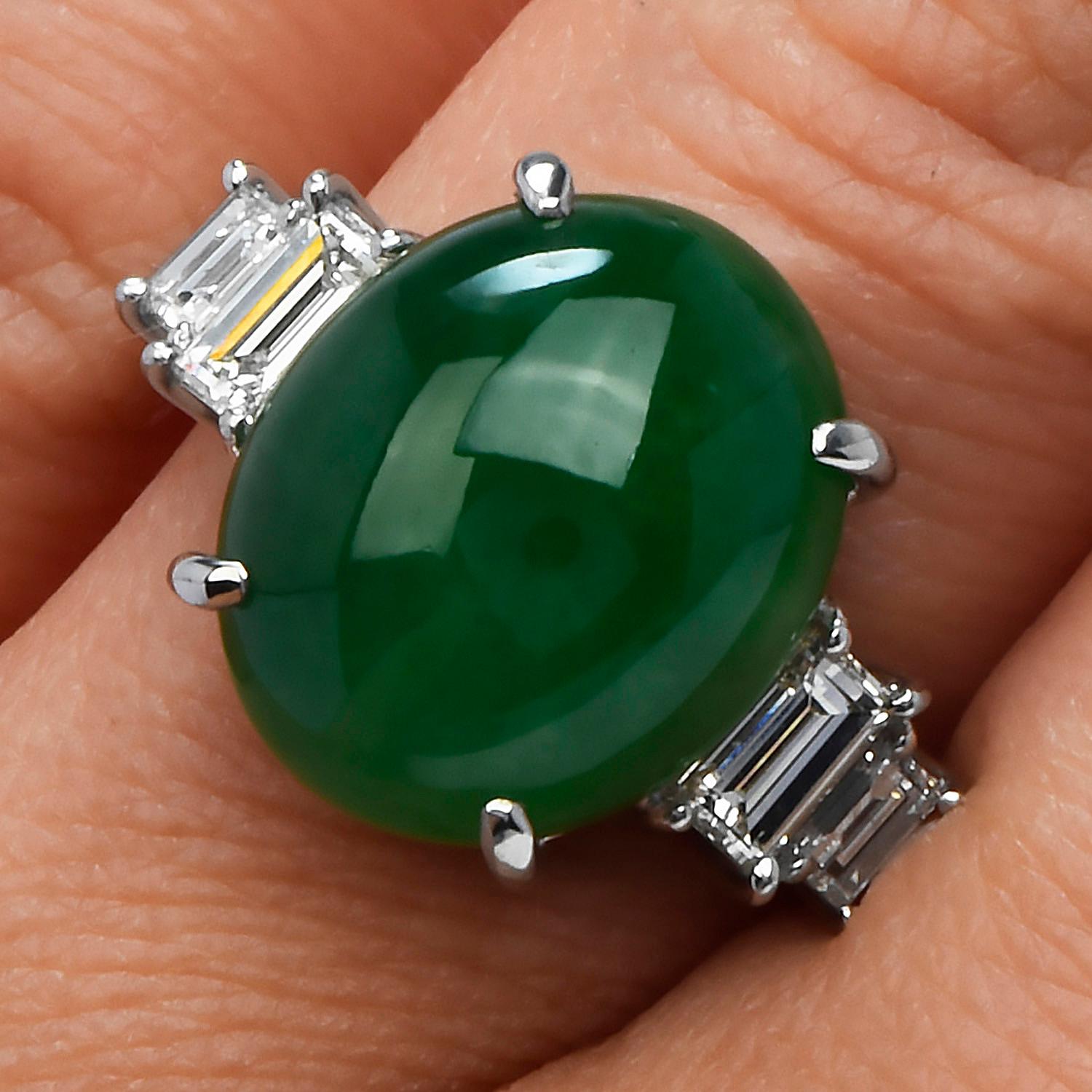 GIA Certified Natural Green Jade Diamond Platinum Cocktail Ring 2