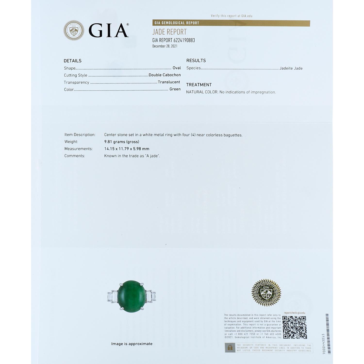 GIA Certified Natural Green Jade Diamond Platinum Cocktail Ring 3