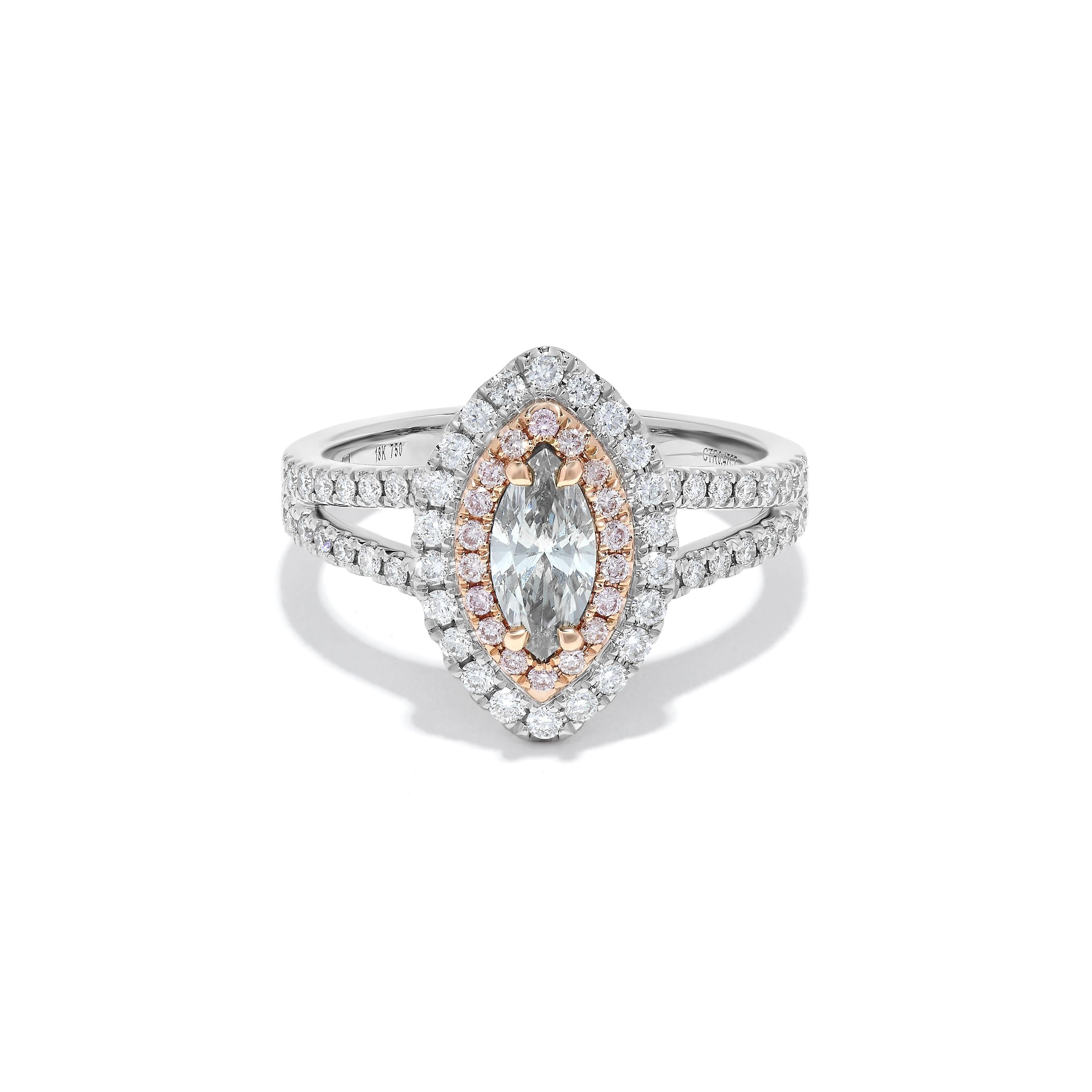 Contemporary GIA Certified Natural Green Marquise and Pink Diamond 1.02 Carat TW Gold Ring For Sale
