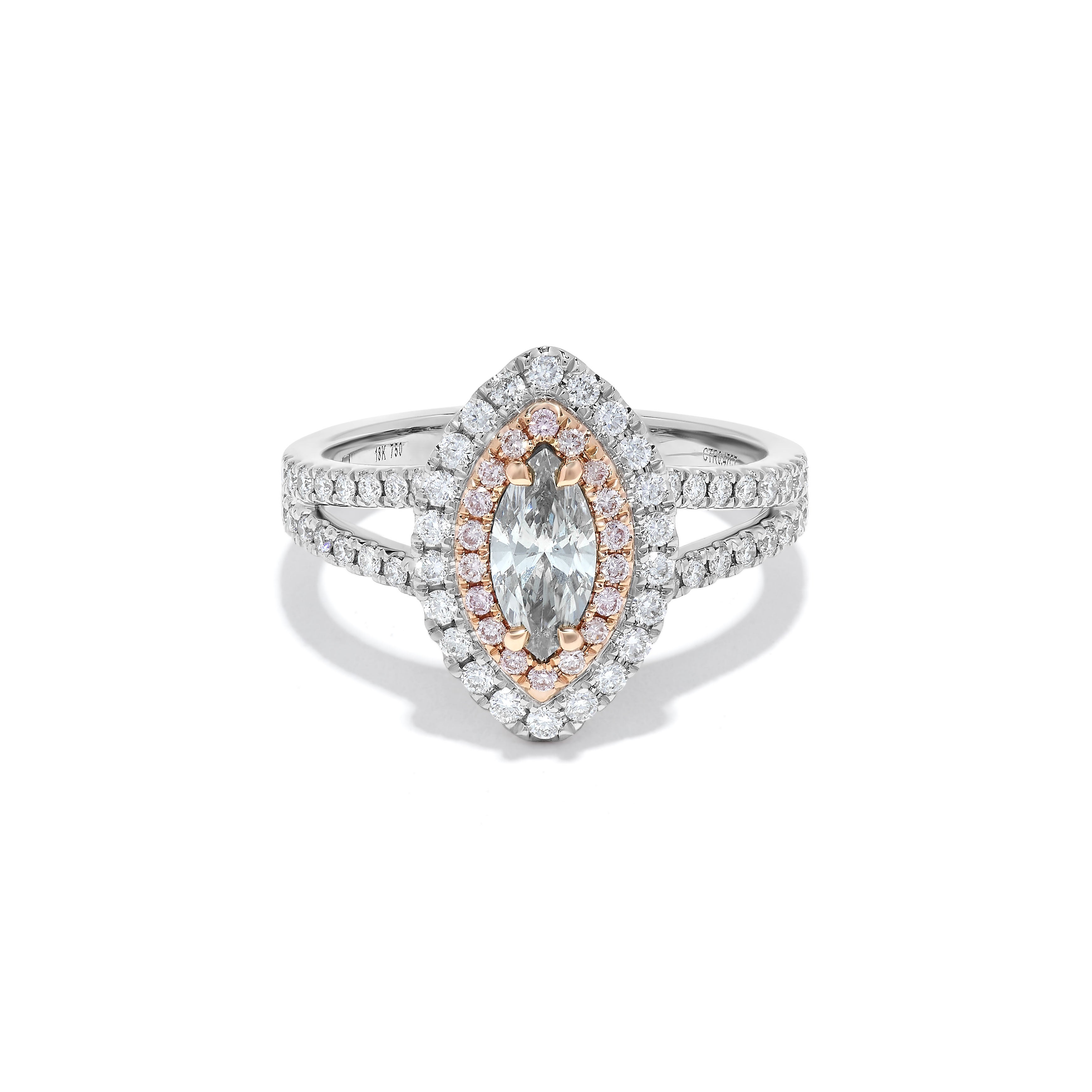 GIA Certified Natural Green Marquise and Pink Diamond 1.02 Carat TW Gold Ring For Sale