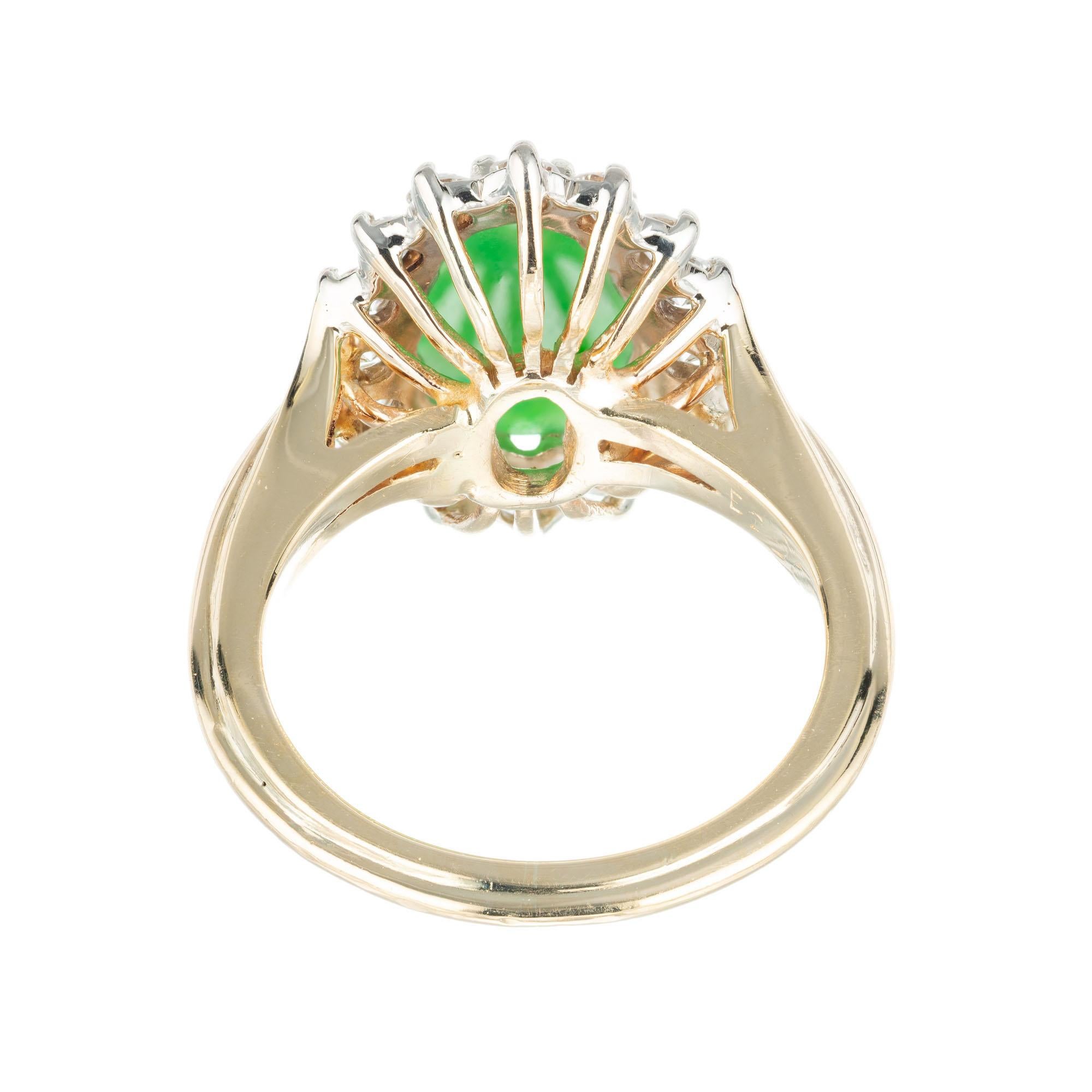 GIA Certified Natural Green Oval Jadeite Jade Diamond Halo Gold Ring Ring In Good Condition For Sale In Stamford, CT