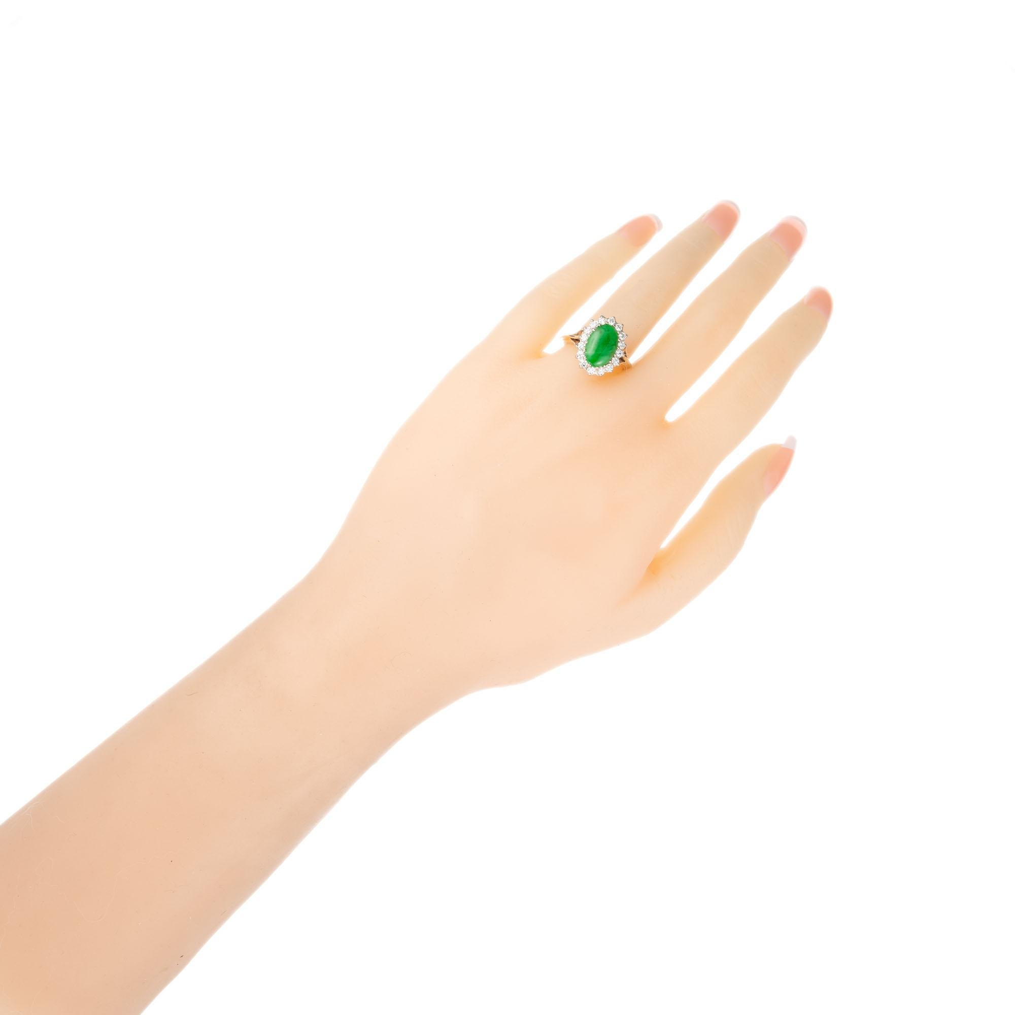 GIA Certified Natural Green Oval Jadeite Jade Diamond Halo Gold Ring Ring For Sale 1