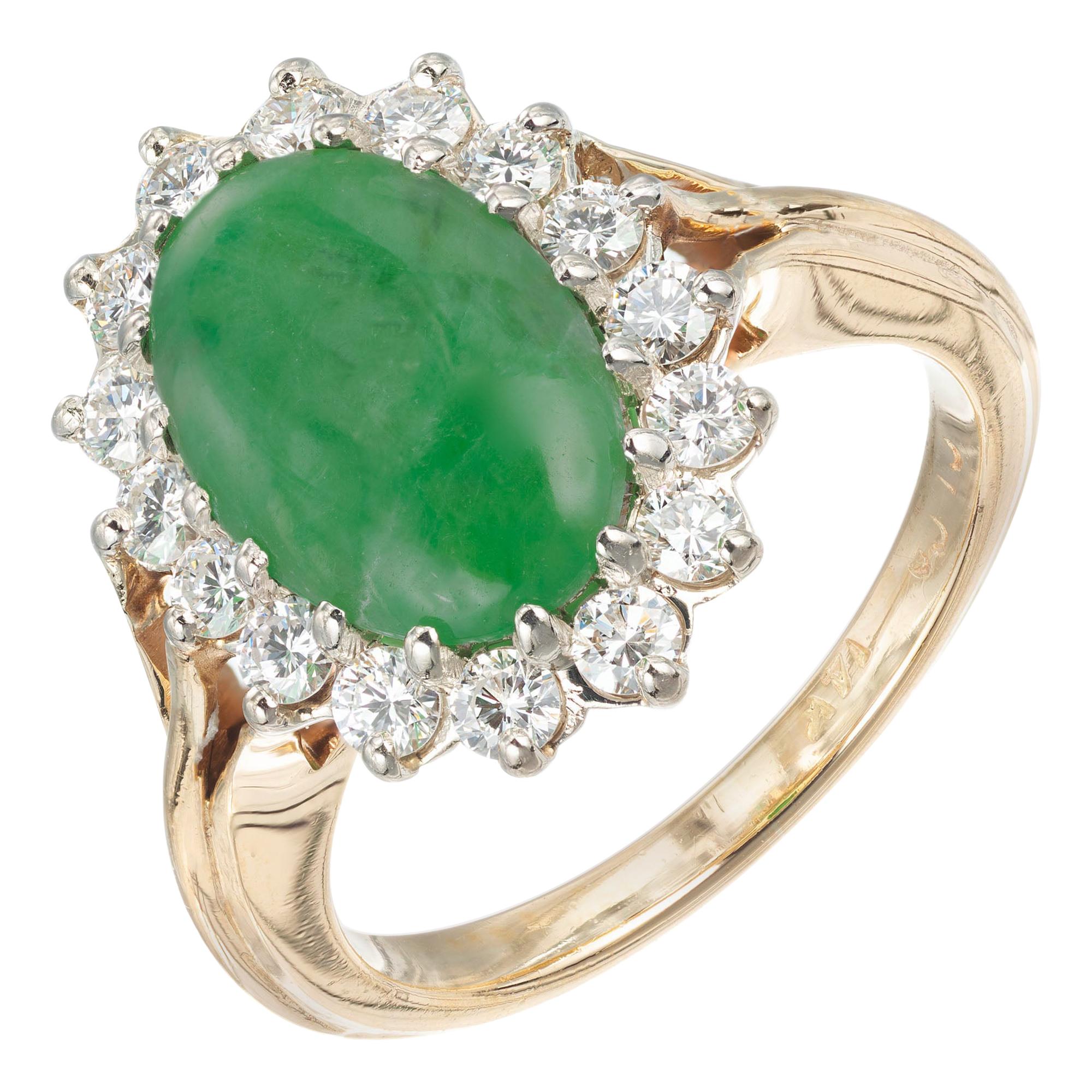 GIA Certified Natural Green Oval Jadeite Jade Diamond Halo Gold Ring Ring