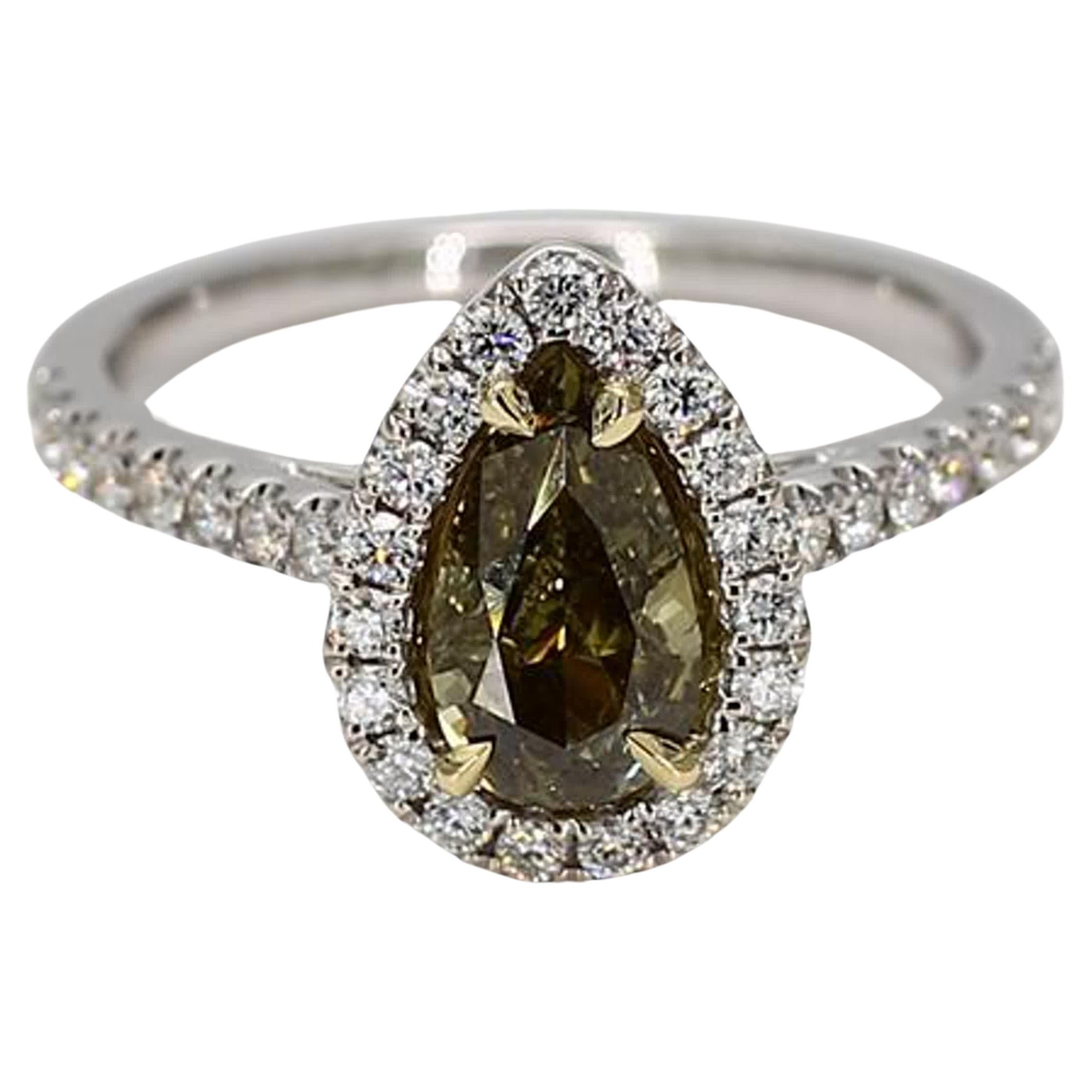 GIA Certified Natural Green Pear Diamond 1.39 Carat TW Gold Cocktail Ring For Sale