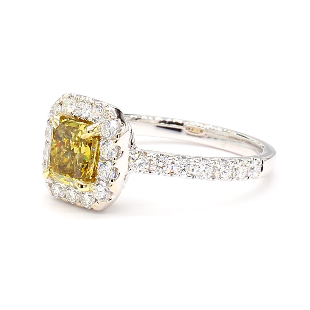 RareGemWorld's classic GIA certified diamond ring. Mounted in a beautiful 18K Yellow and White Gold setting with a natural radiant cut Fancy Deep Brownish Greenish Yellow diamond. The diamond is surrounded by round natural white diamond melee. This