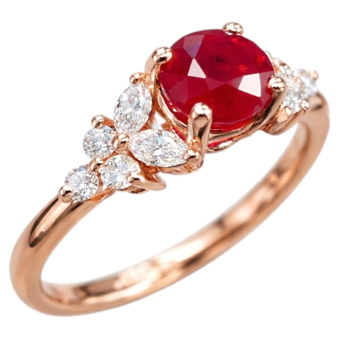 Bague en or rose 14 carats certifiée GIA, rubis rond et diamant marquise naturels