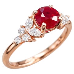 GIA Certified Natural Heated Round Ruby and Marquise Diamond 14K Rose Gold Ring
