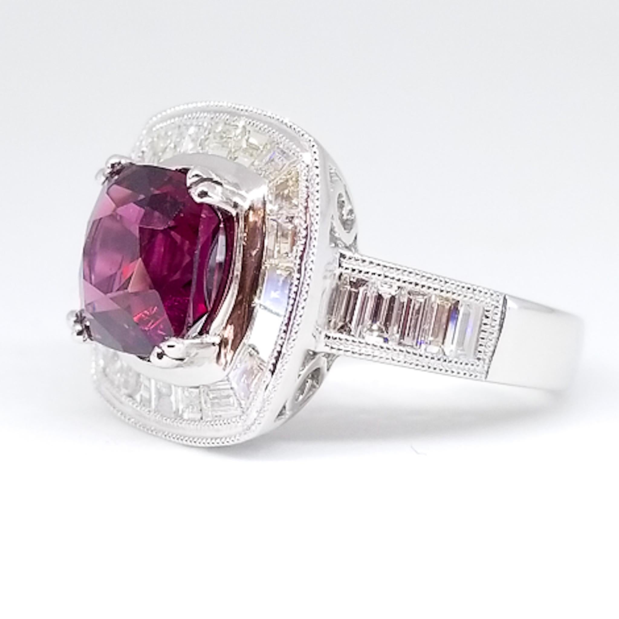 This Art Deco Inspired Right Hand or Holiday Red Engagement Ring features a GIA Certified Natural, No Treatment, AAA Quality, Purplish Red Spinel of 3.60 Carats. The Cushion, Modified Step Brilliant Cut Spinel is of Excellent Cut and Deep Purple Red