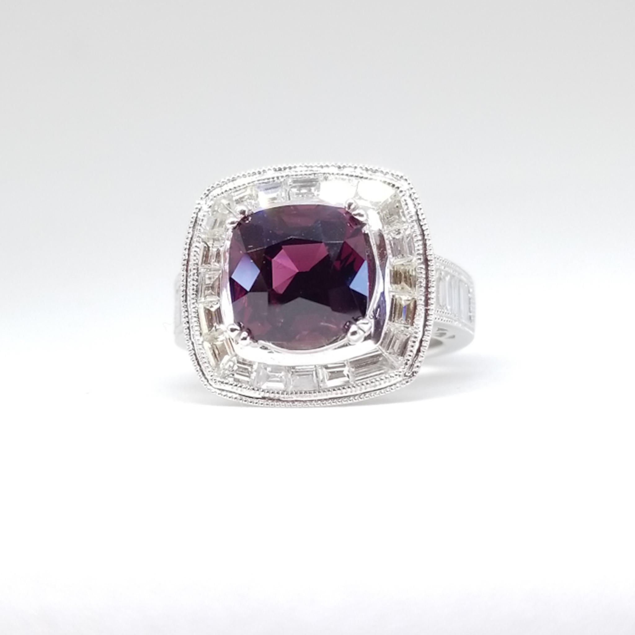 GIA Certified Natural 3.60 Ct Purplish Red Spinel 2.0 Ct Diamond Deco Style Ring In New Condition For Sale In Lambertville , NJ