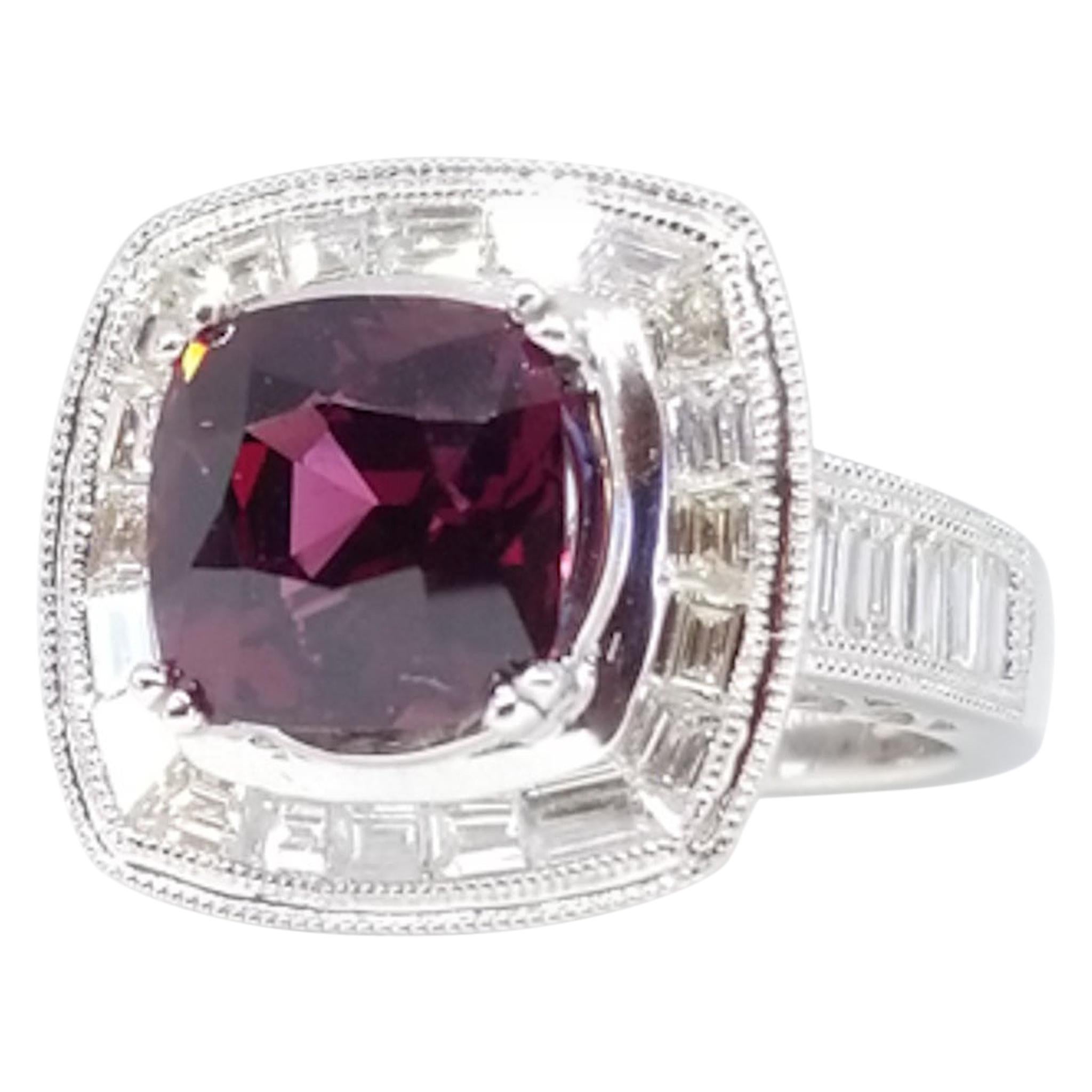 GIA Certified Natural 3.60 Ct Purplish Red Spinel 2.0 Ct Diamond Deco Style Ring