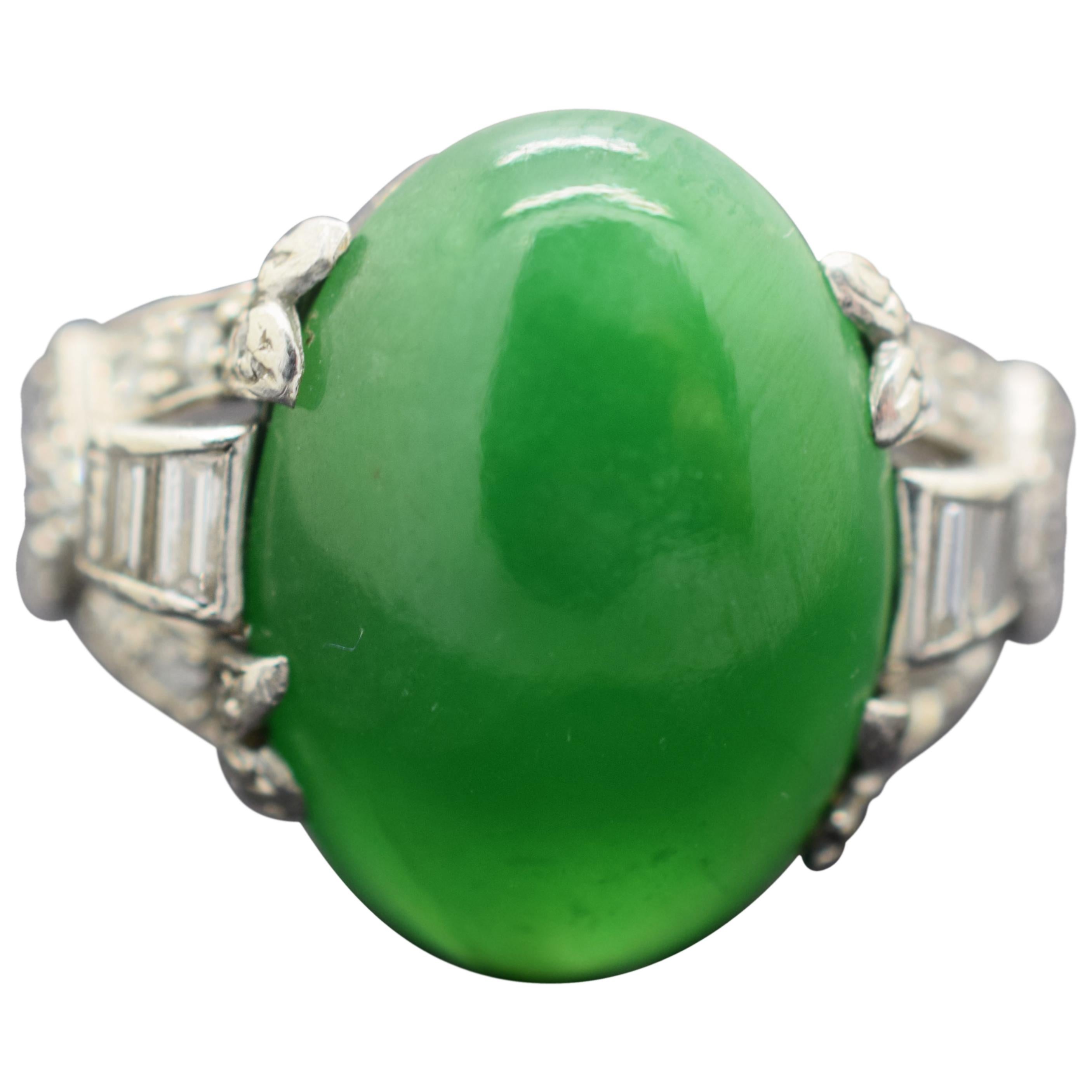 GIA Certified Natural Jade Art Deco Platinum Ring For Sale
