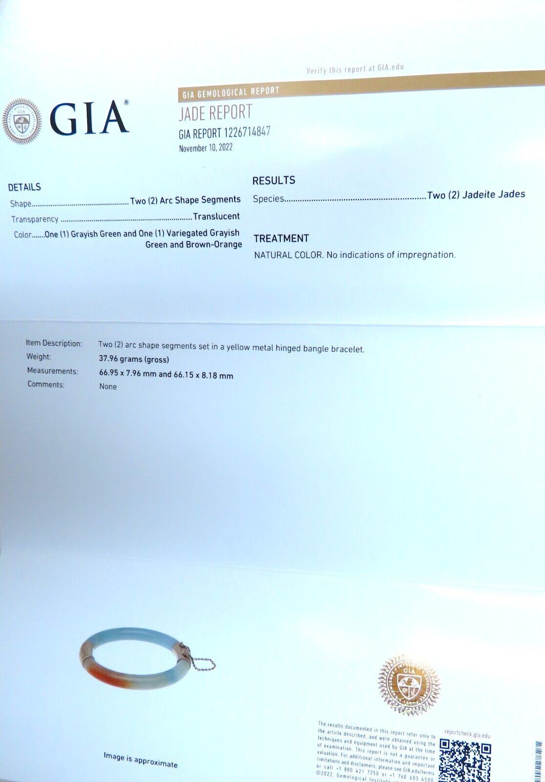 Women's or Men's GIA Certified Natural Jade Bangle Bracelet 14 Karat