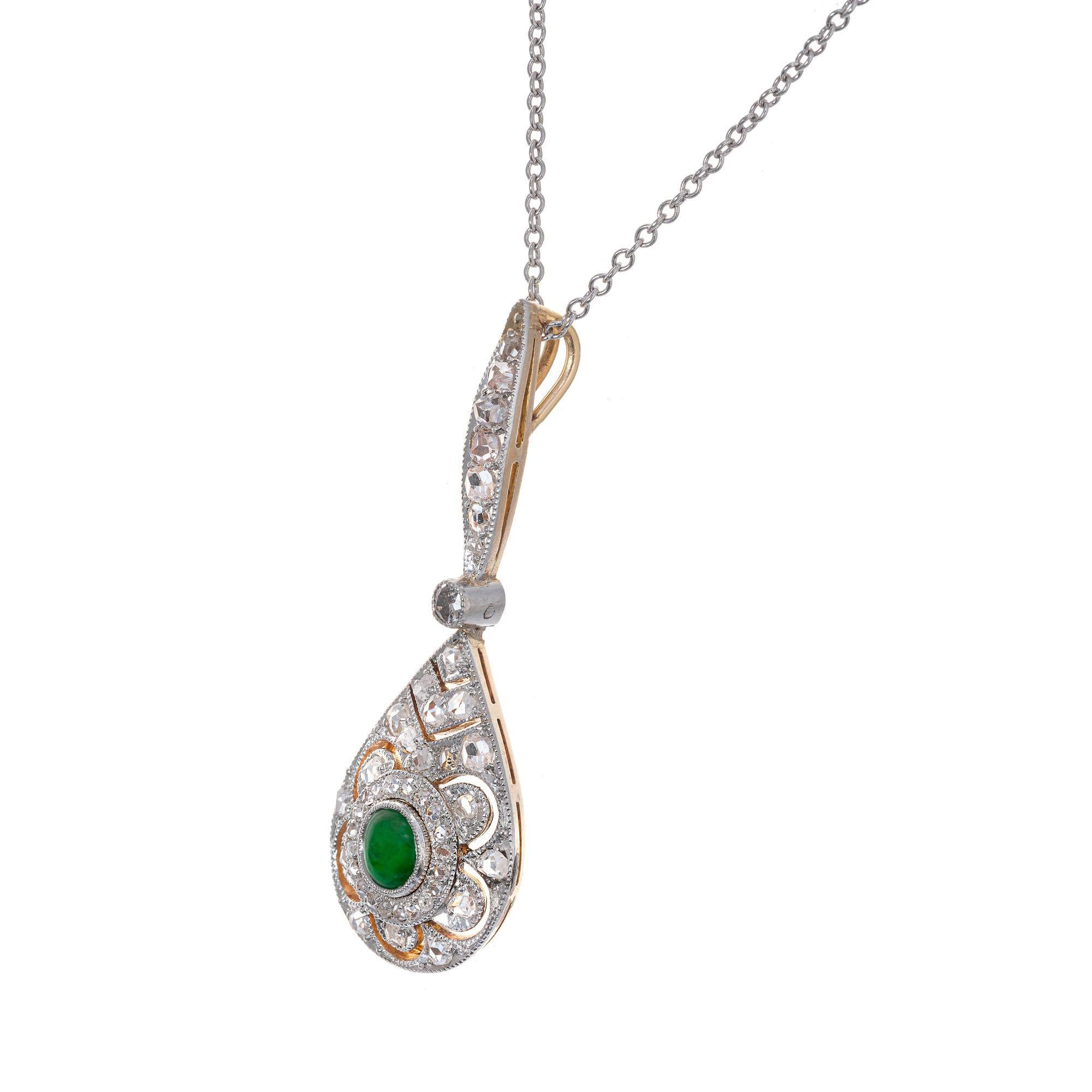 Jadeite Jade natural and diamond pendant necklace. Certified GIA untreated. Original Victorian 1860's pendant with rose cut and European diamonds. The upper bail has natural brown rose cut diamonds. Rose gold pendant back, Platinum top and chain.