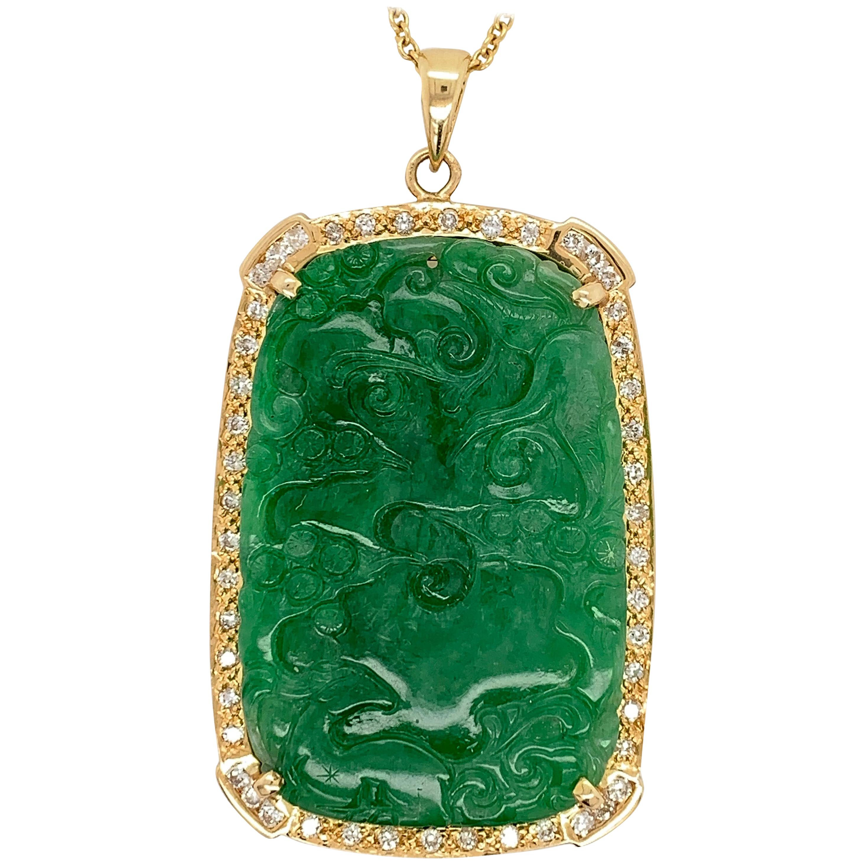 GIA Certified Natural Jadeite "A" Translucent Jade 1 Carat Diamond Gold Pendant For Sale