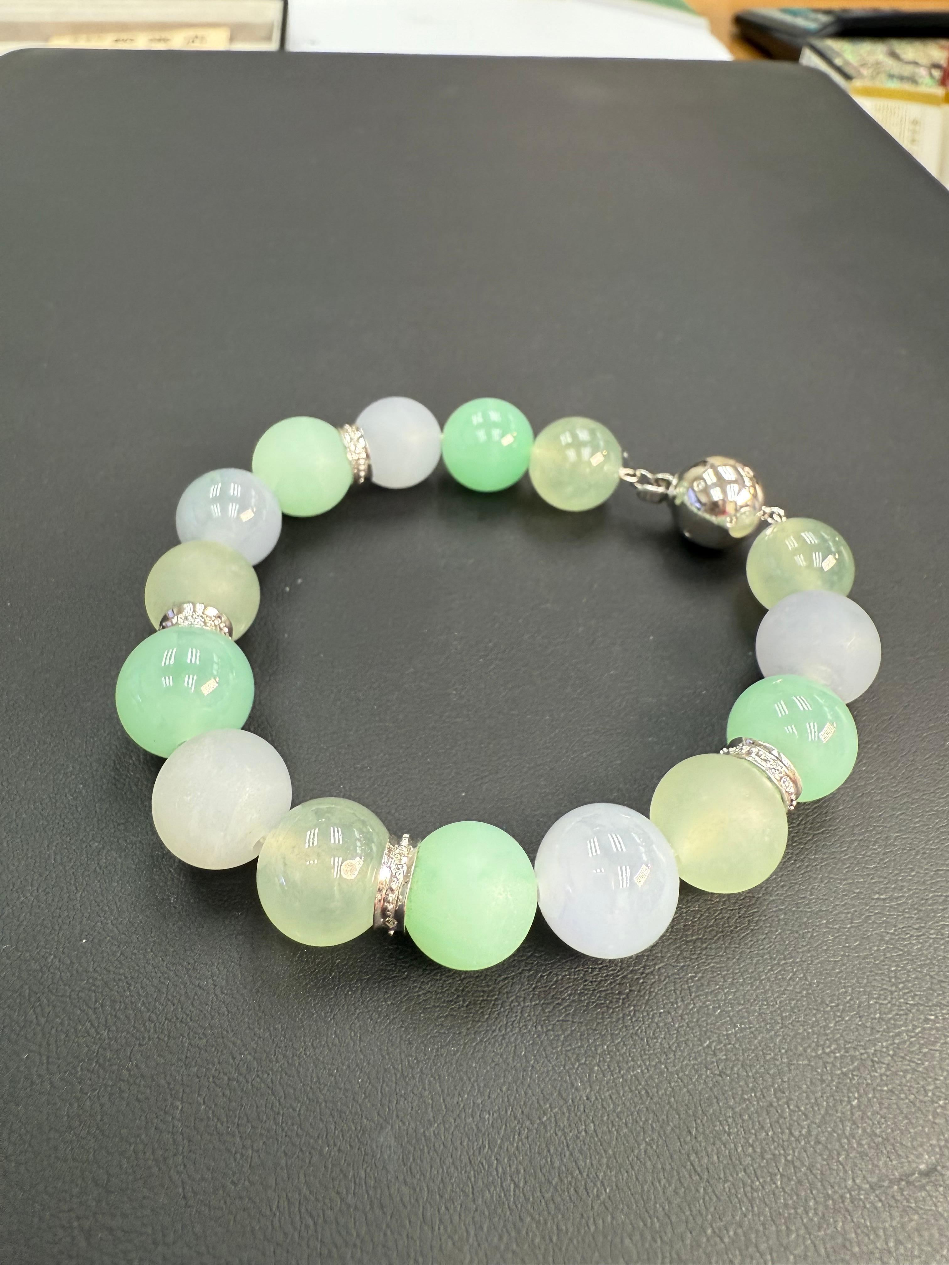 GIA Certified Natural Jadeite Jade Bead & Diamond Bracelet. Vivid Colors For Sale 7