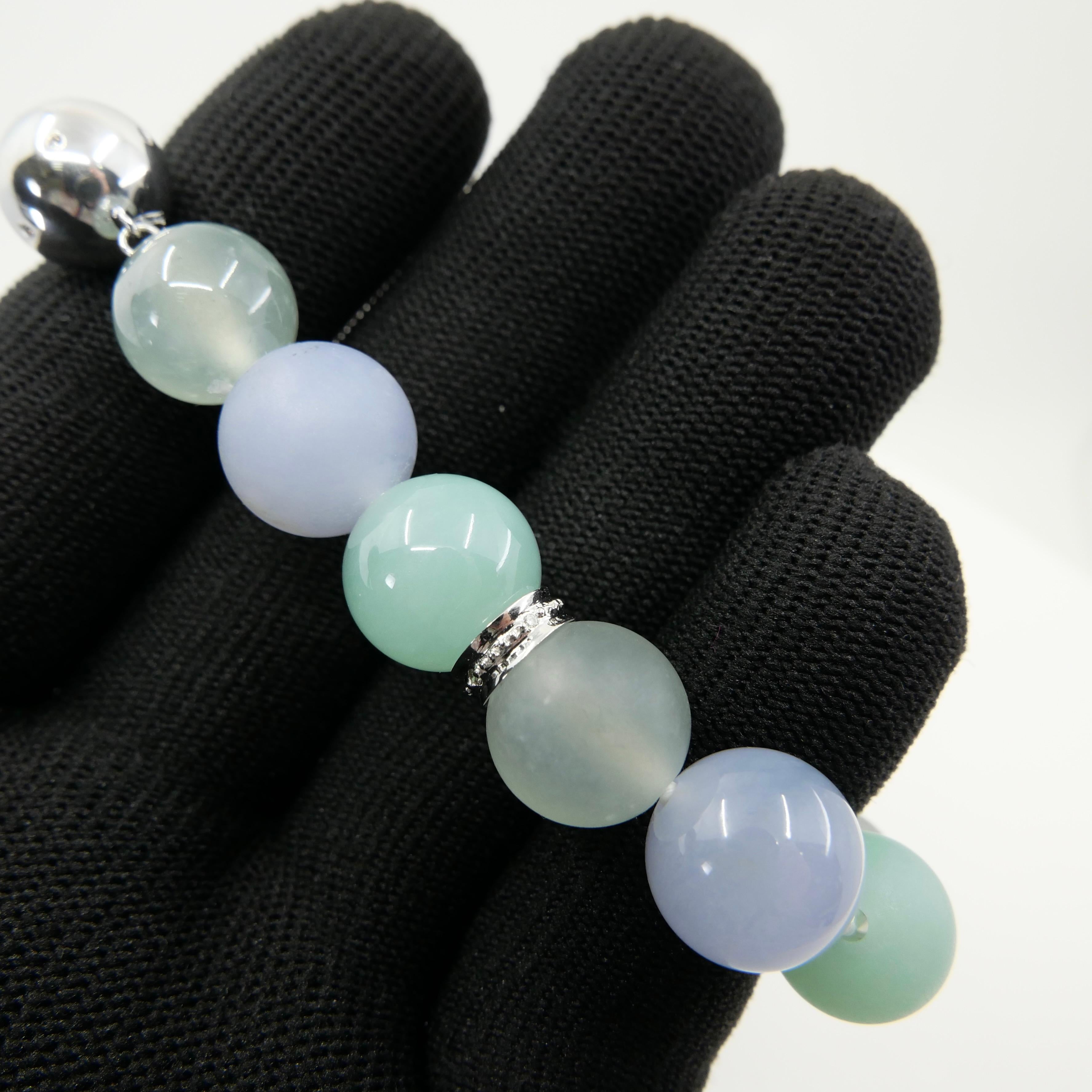 GIA Certified Natural Jadeite Jade Bead & Diamond Bracelet. Vivid Colors For Sale 11