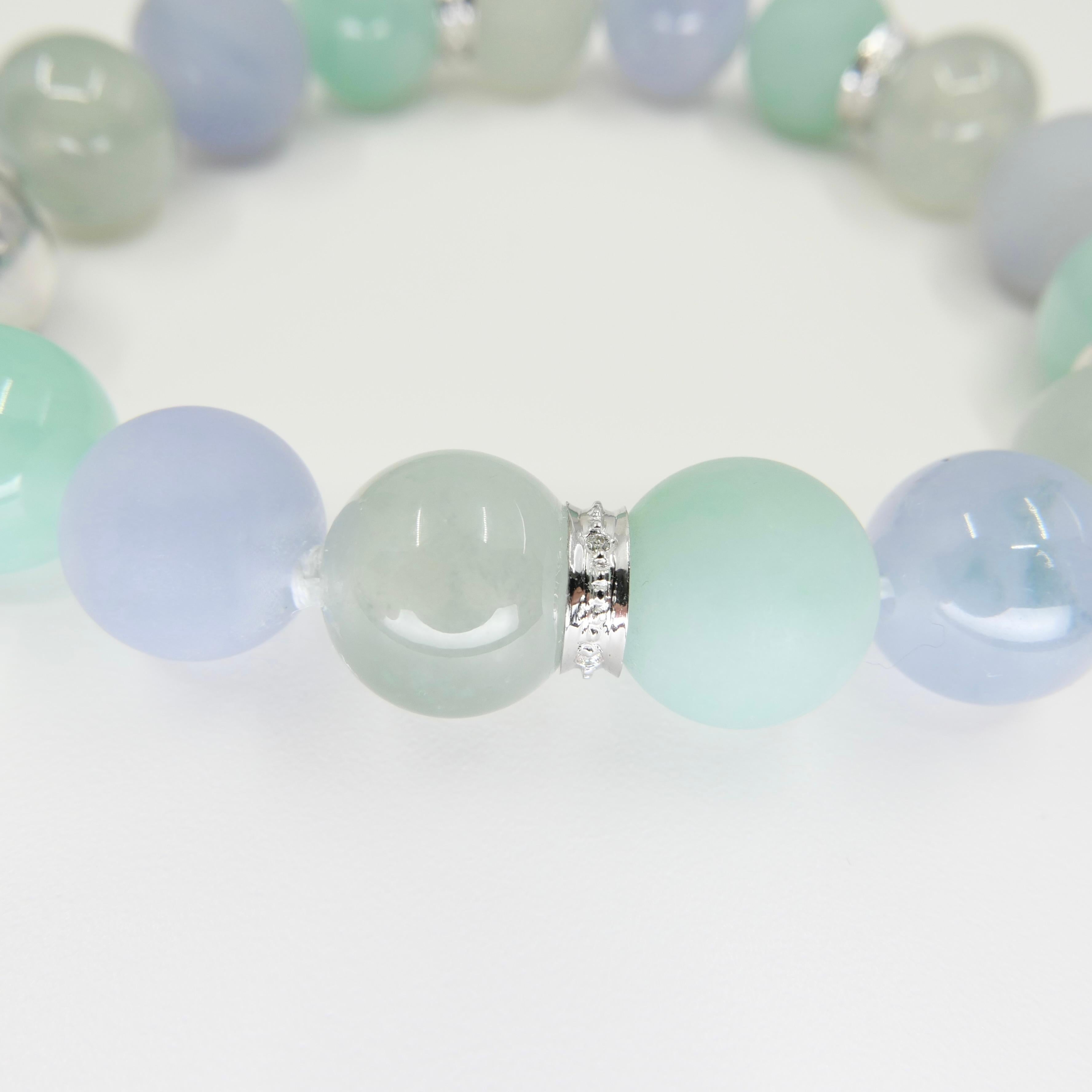 GIA Certified Natural Jadeite Jade Bead & Diamond Bracelet. Vivid Colors For Sale 13