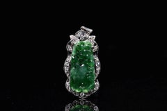 GIA Certified Natural Jadeite Jade Carved Pendant in 18K White Gold with Diamond