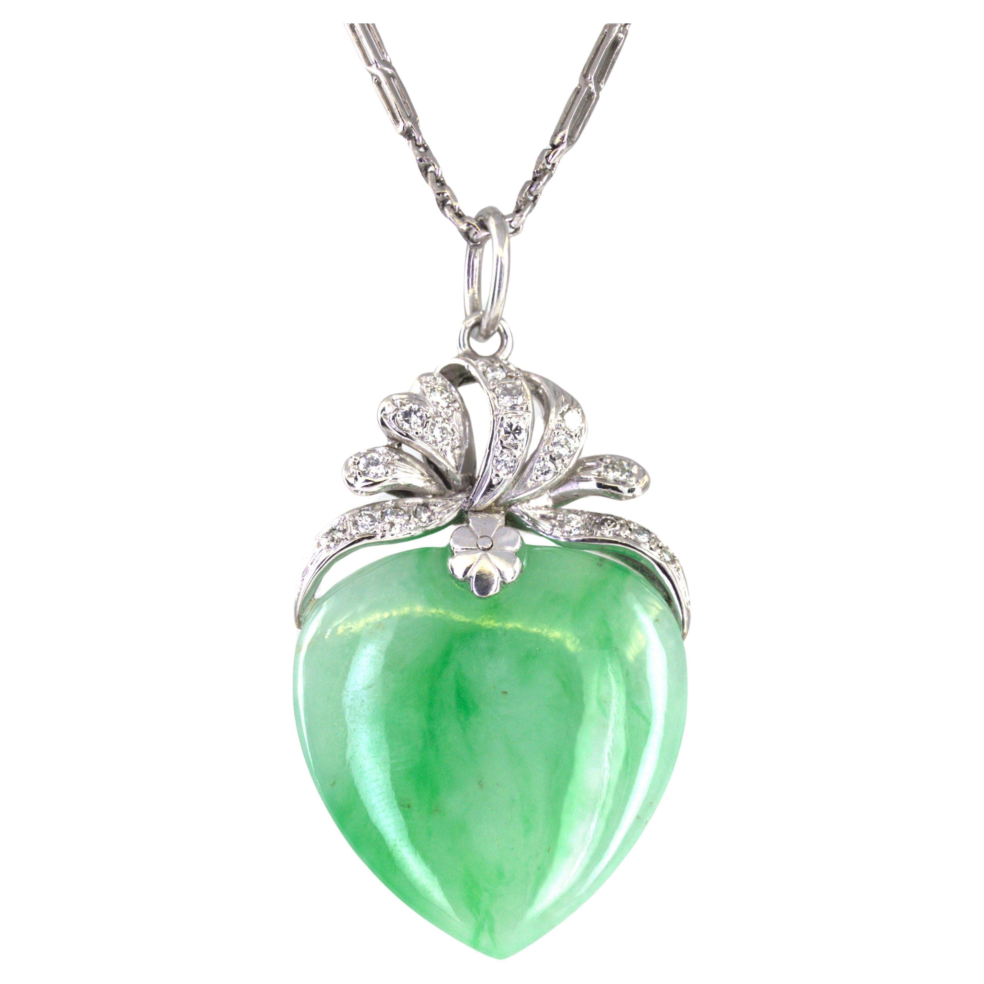 Artisan GIA Certified Natural Jadeite Jade Diamond 14K Gold Platinum Pendant Necklace For Sale