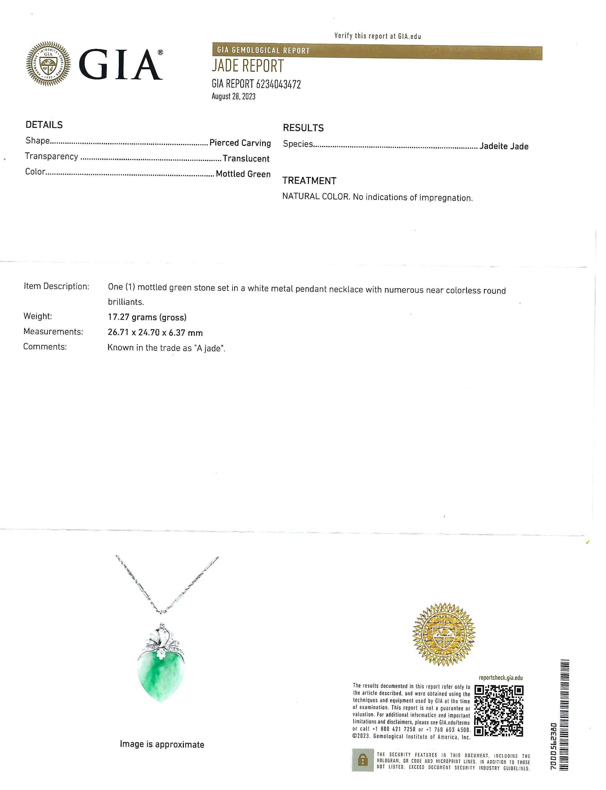 Mixed Cut GIA Certified Natural Jadeite Jade Diamond 14K Gold Platinum Pendant Necklace For Sale