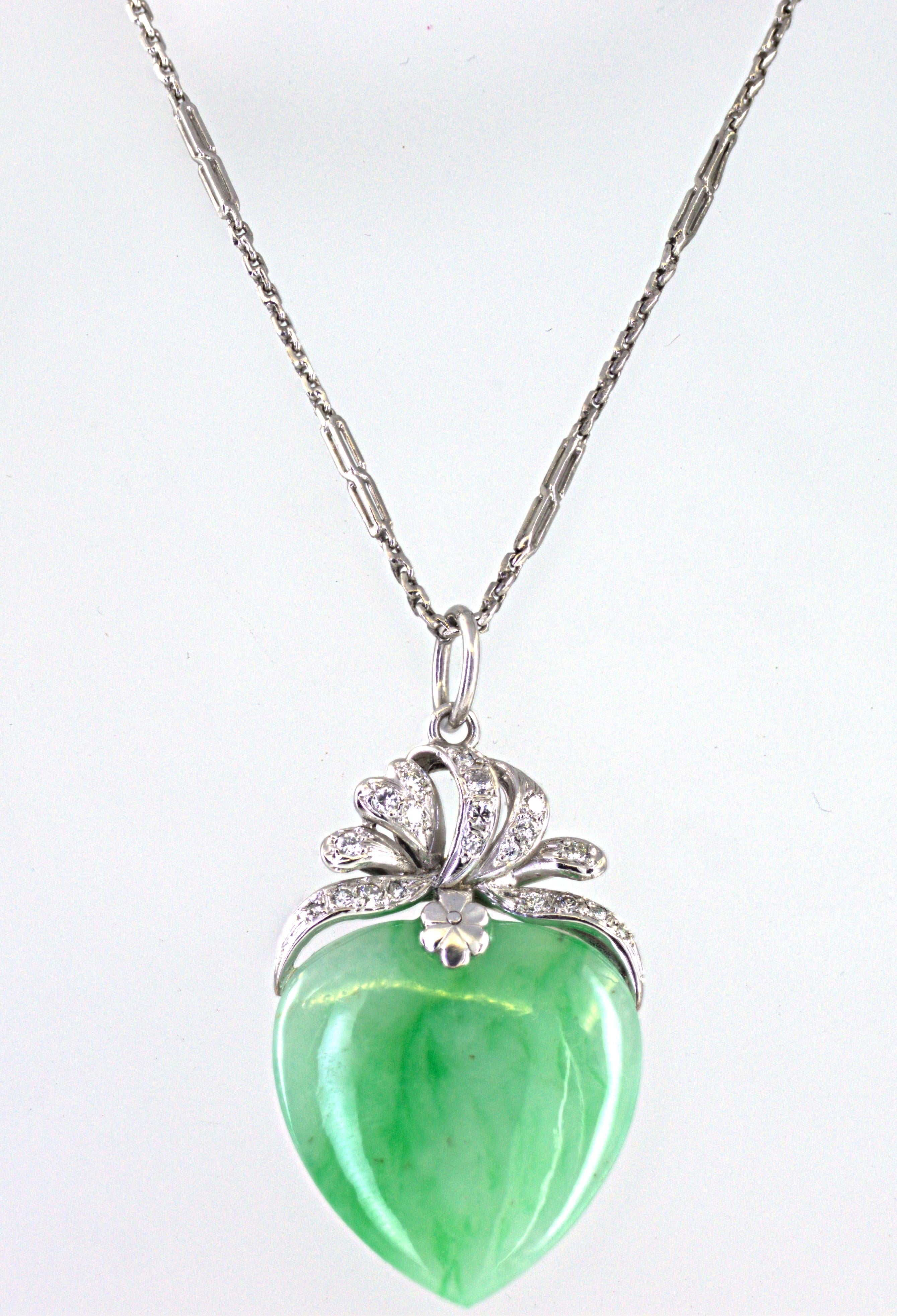 GIA Certified Natural Jadeite Jade Diamond 14K Gold Platinum Pendant Necklace In Good Condition For Sale In Pleasant Hill, CA