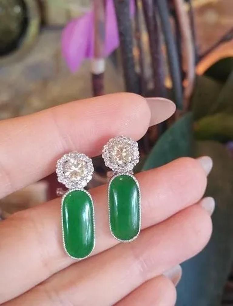 GIA Certified Natural Jadeite Jade Diamond Platinum Flower Earrings In Excellent Condition For Sale In La Jolla, CA