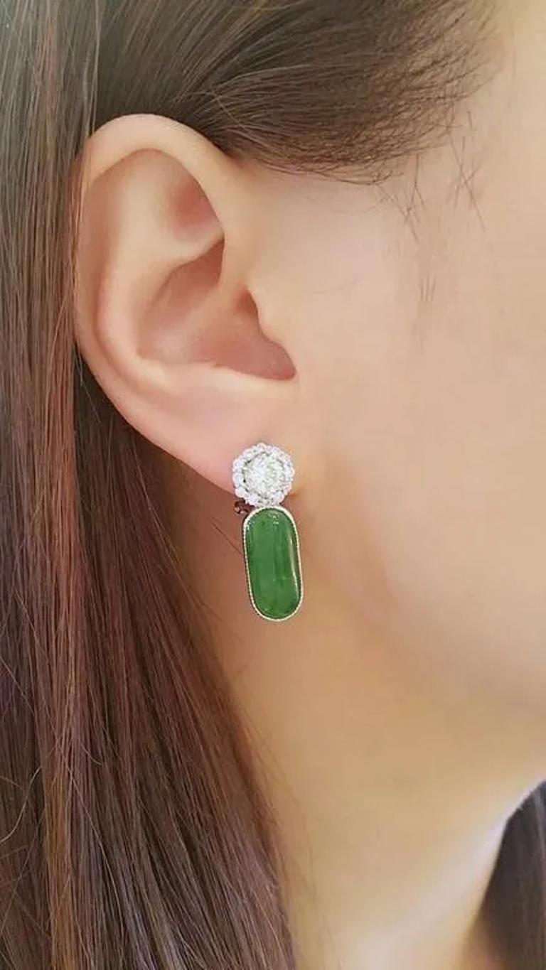 GIA Certified Natural Jadeite Jade Diamond Platinum Flower Earrings For Sale 1